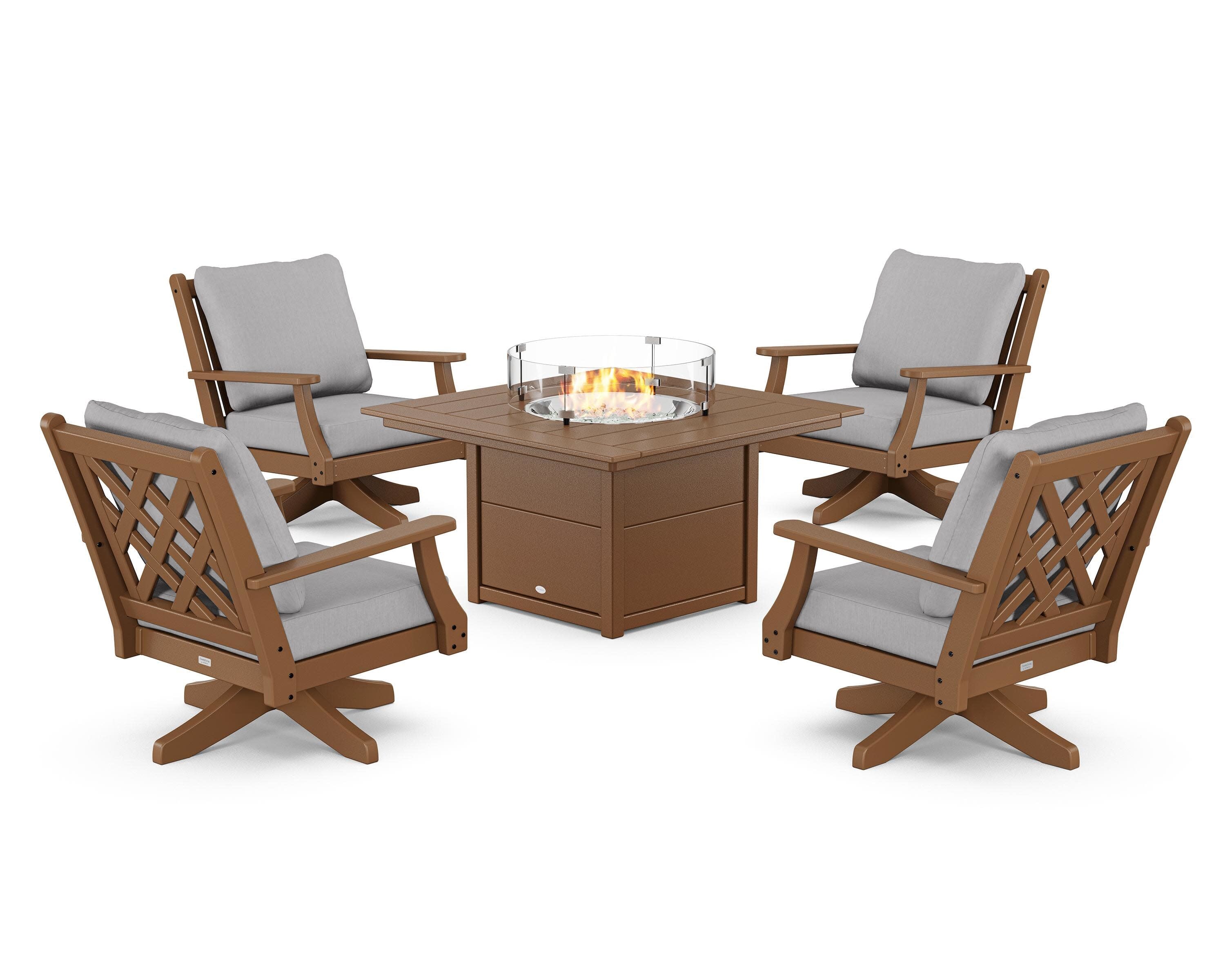 Wovendale 5-Piece Deep Seating Swivel Conversation Set with Fire Pit Table in Teak / Granite