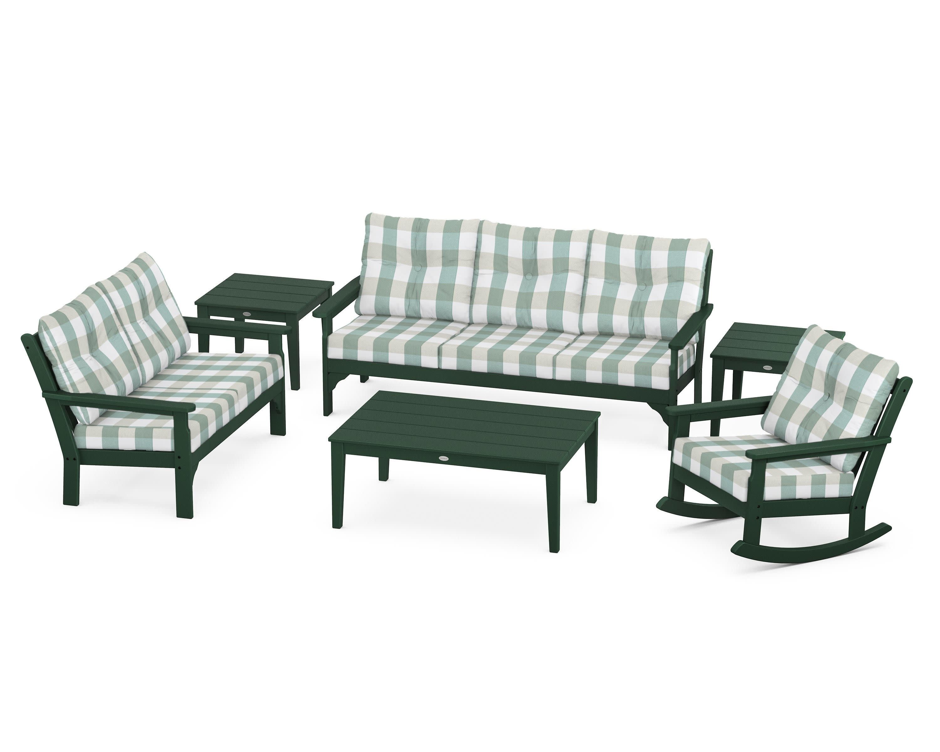 Vineyard 6-Piece Deep Seating Set in Green / Buffalo Plaid Glacier Spa