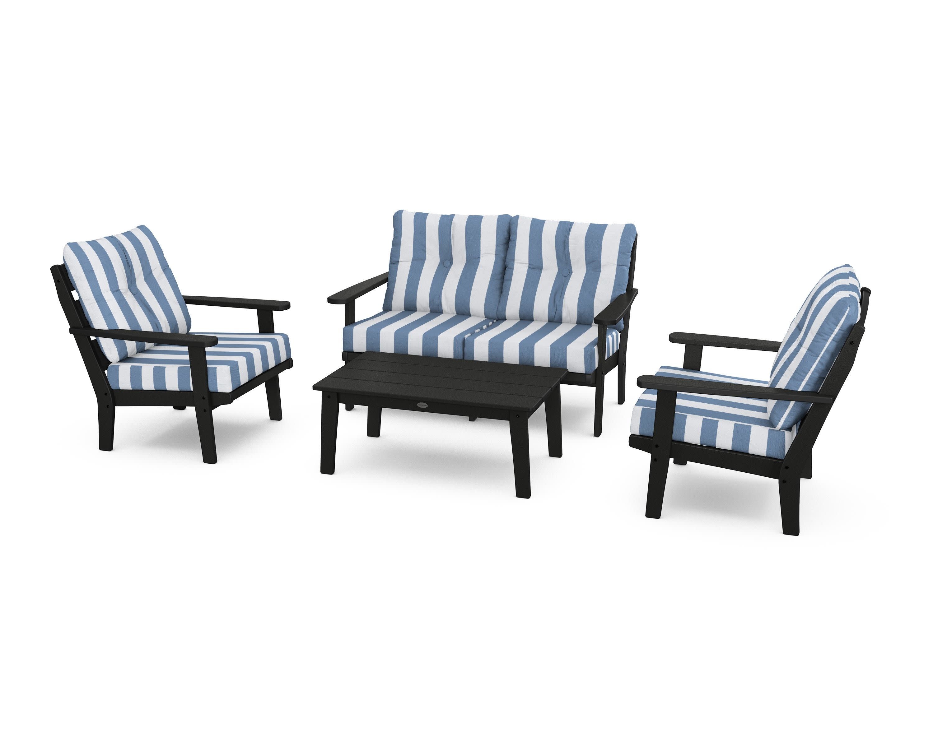 Lakeside 4-Piece Deep Seating Set in Black / Cabana Stripe Sky Blue