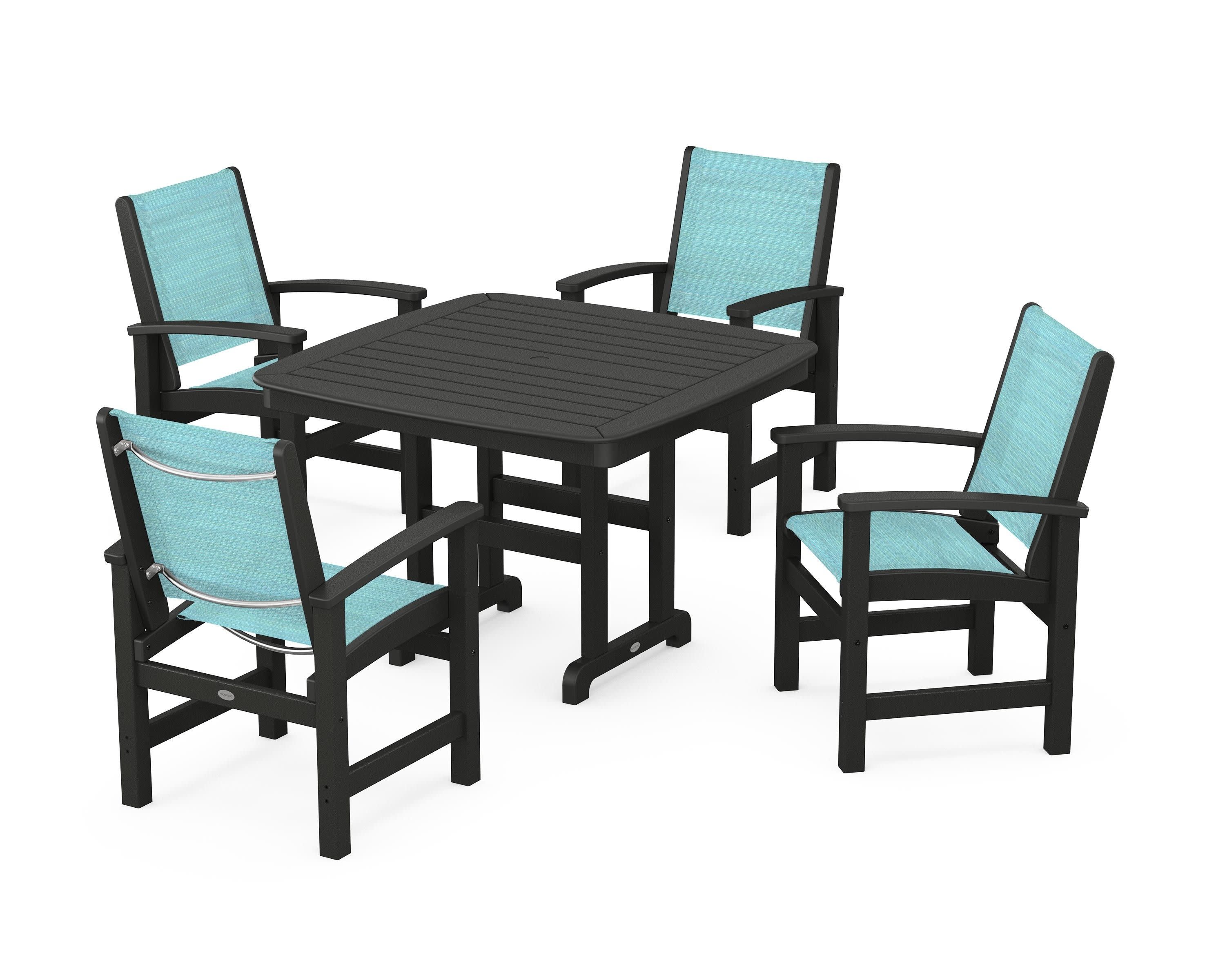 Coastal 5-Piece Dining Set in Black / Dupioni Aquamarine Sling