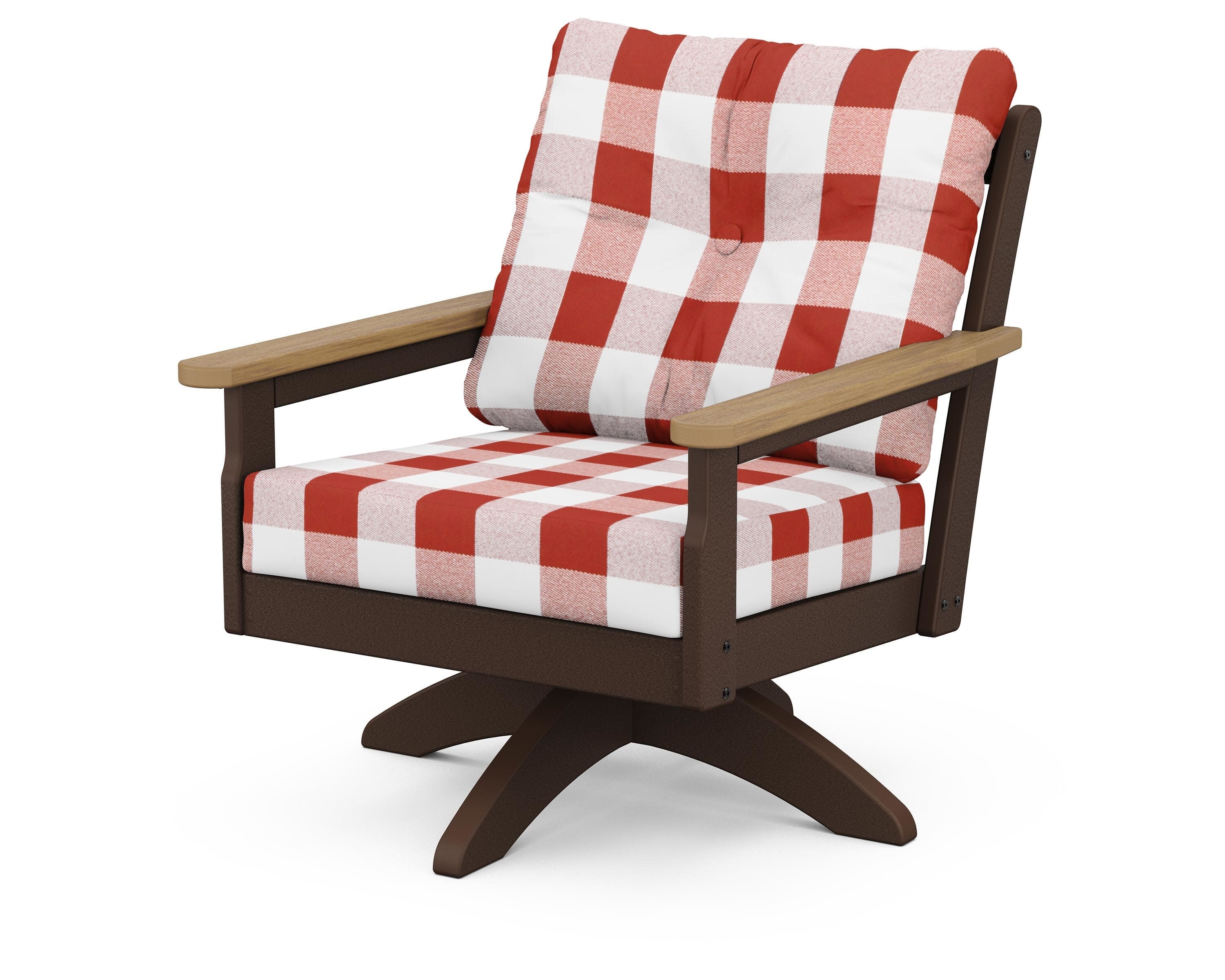 Vineyard Deep Seating Swivel Chair in Mahogany / Natural / Buffalo Plaid Crimson