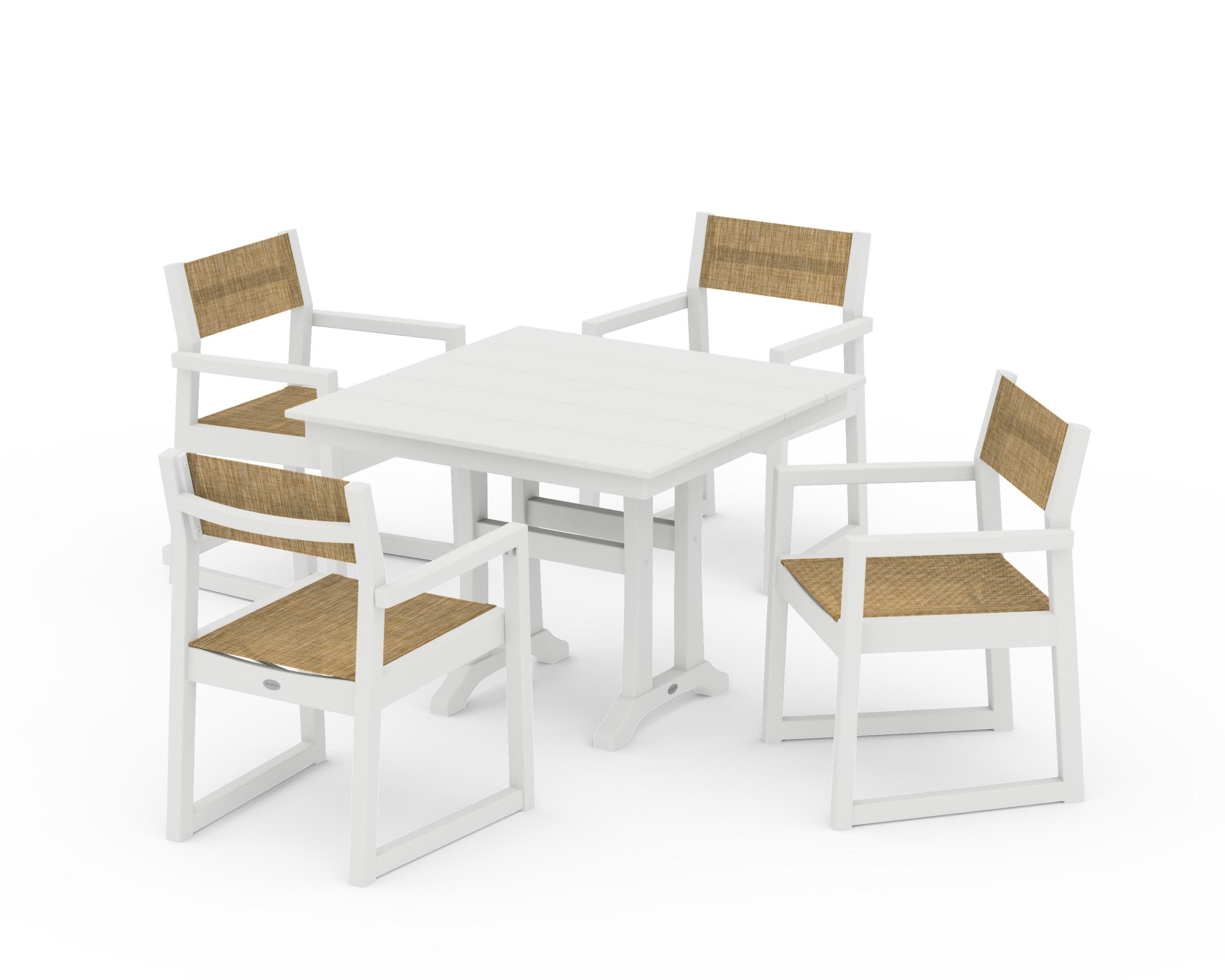 EDGE Sling 5-Piece Farmhouse Dining Set with Trestle Legs in Vintage White / Burlap Sling