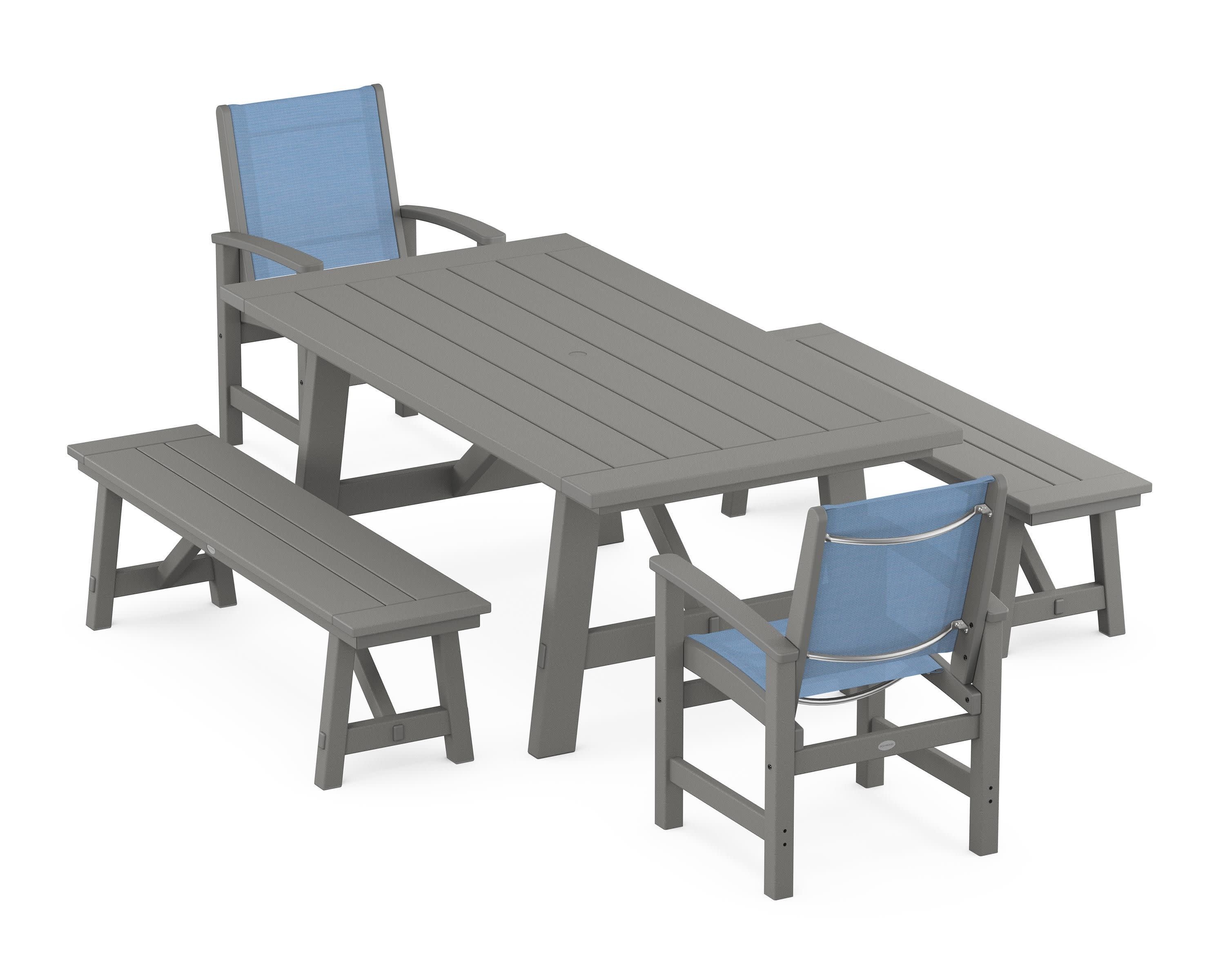 Coastal 5-Piece Rustic Farmhouse Dining Set With Benches in Slate Grey / Poolside Sling