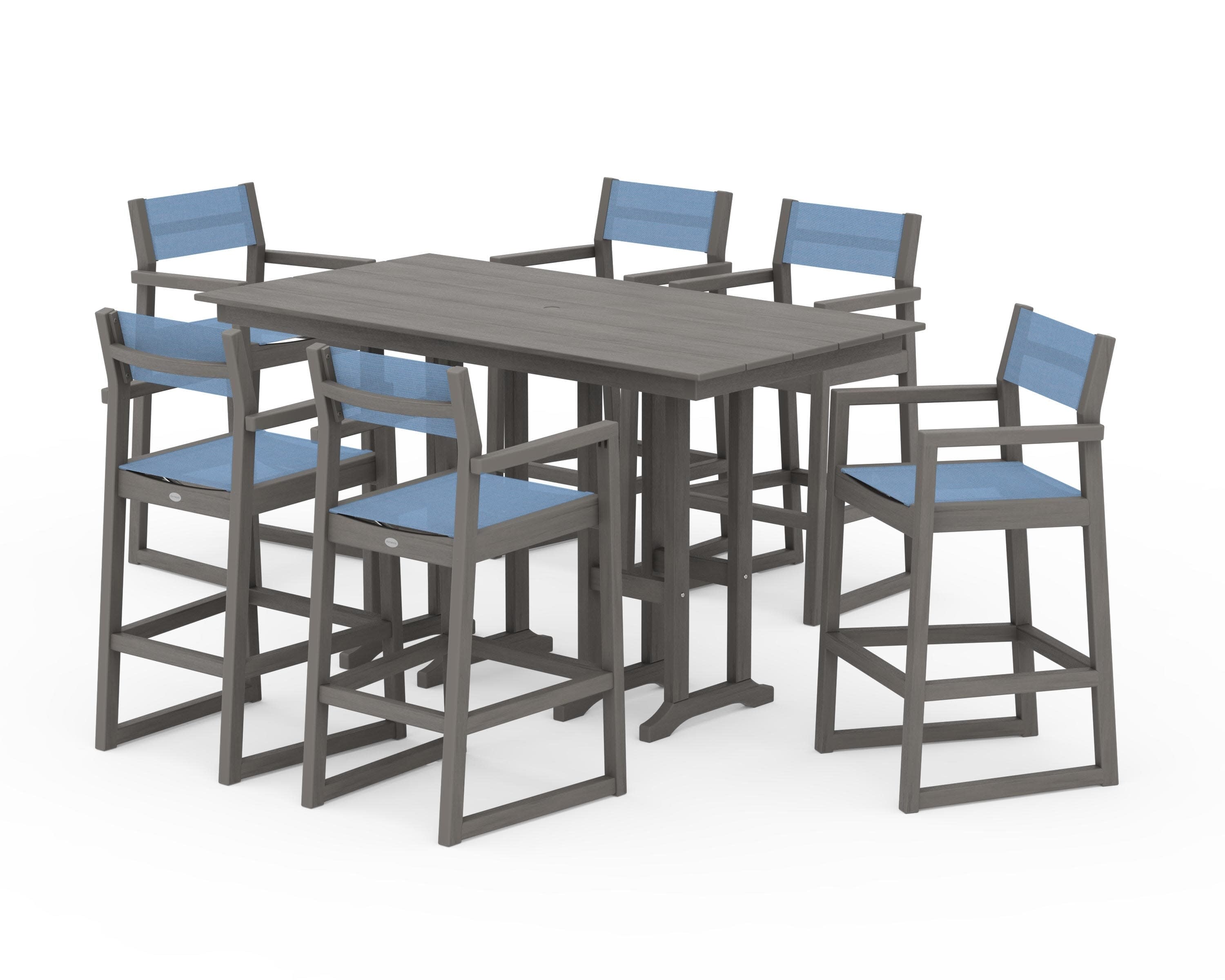 EDGE Sling Arm Chair 7-Piece Farmhouse Bar Set in Driftwood / Poolside Sling