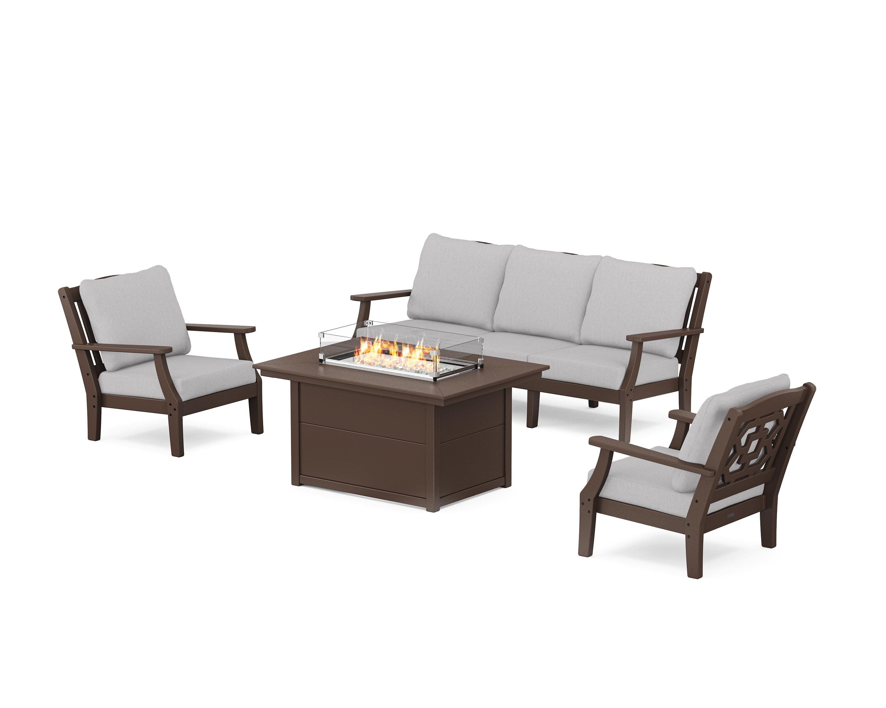 Chinoiserie Deep Seating Fire Pit Table Set in Mahogany / Granite