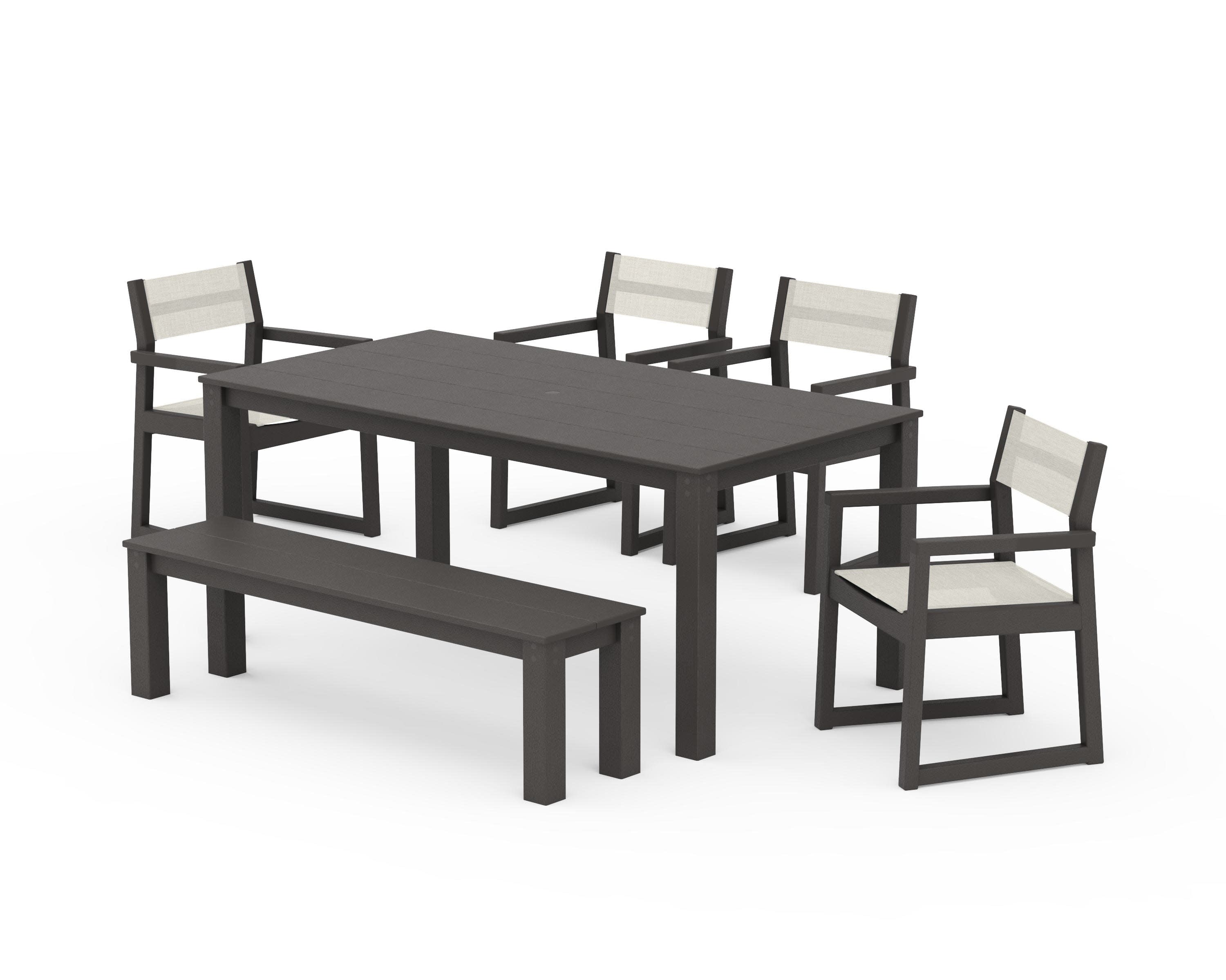 EDGE Sling Arm Chair 6-Piece Parsons Dining Set with Bench in Vintage Coffee / Parchment Sling