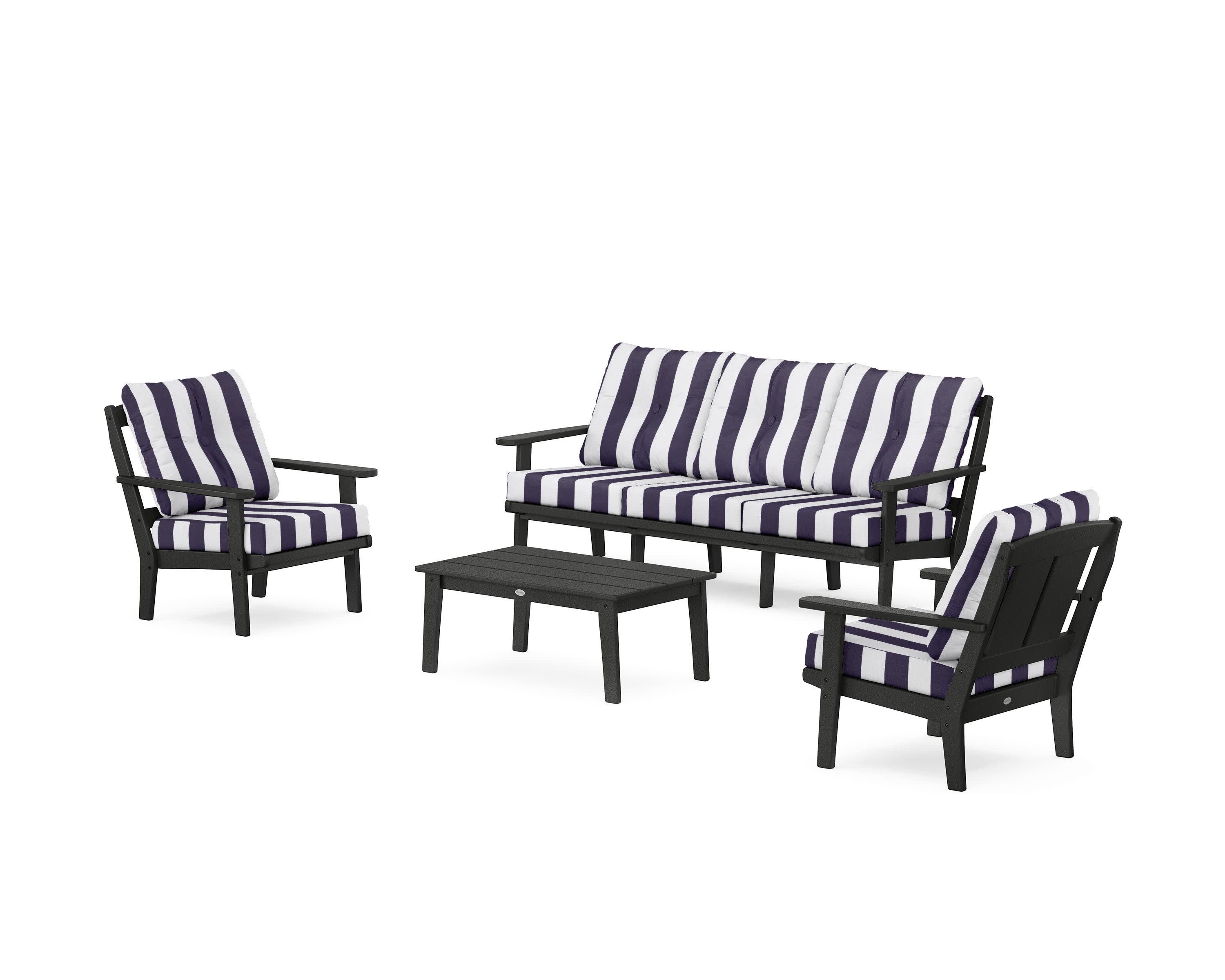 Mission 4-Piece Deep Seating Set with Sofa in Black / Cabana Stripe Navy