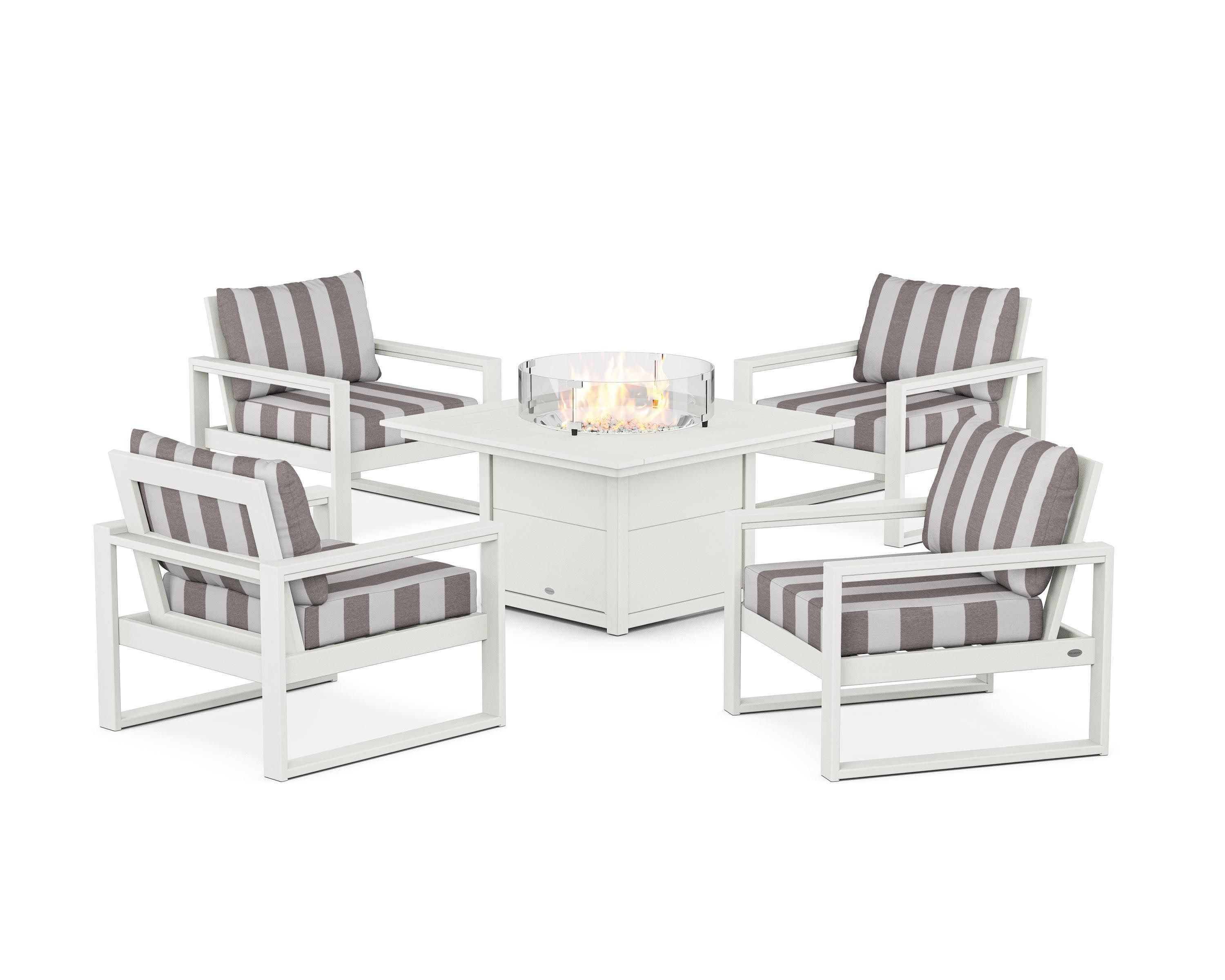 EDGE Sectional 5-Piece Deep Seating Set with Fire Pit Table in Vintage White / Cabana Stripe Grey Mist