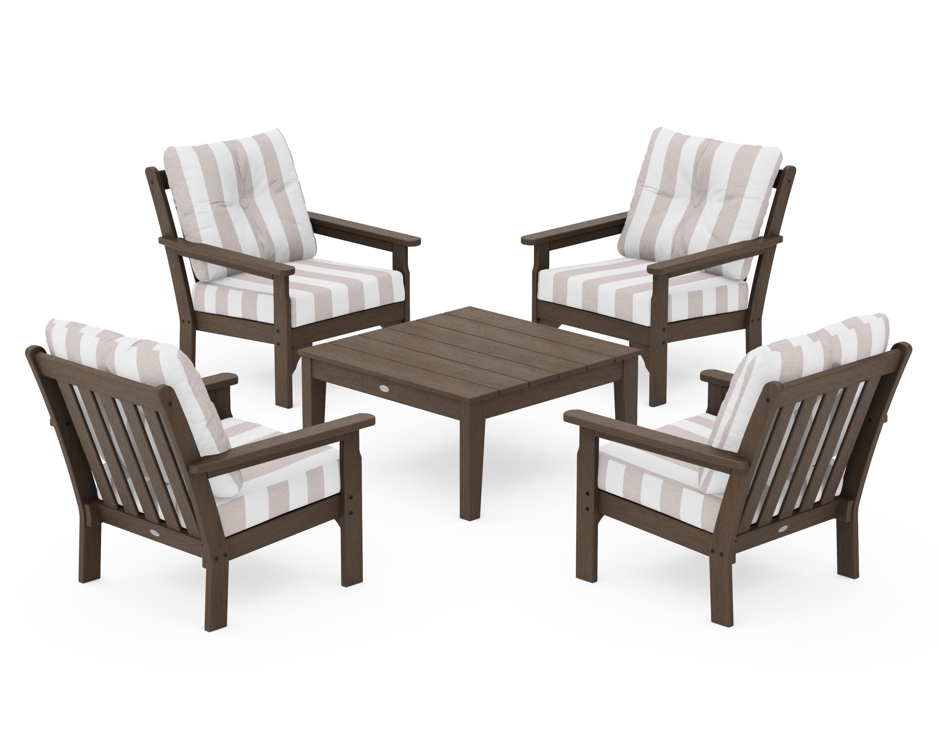 Vineyard 5-Piece Deep Seating Conversation Set in Kona / Cabana Stripe Dune Burlap