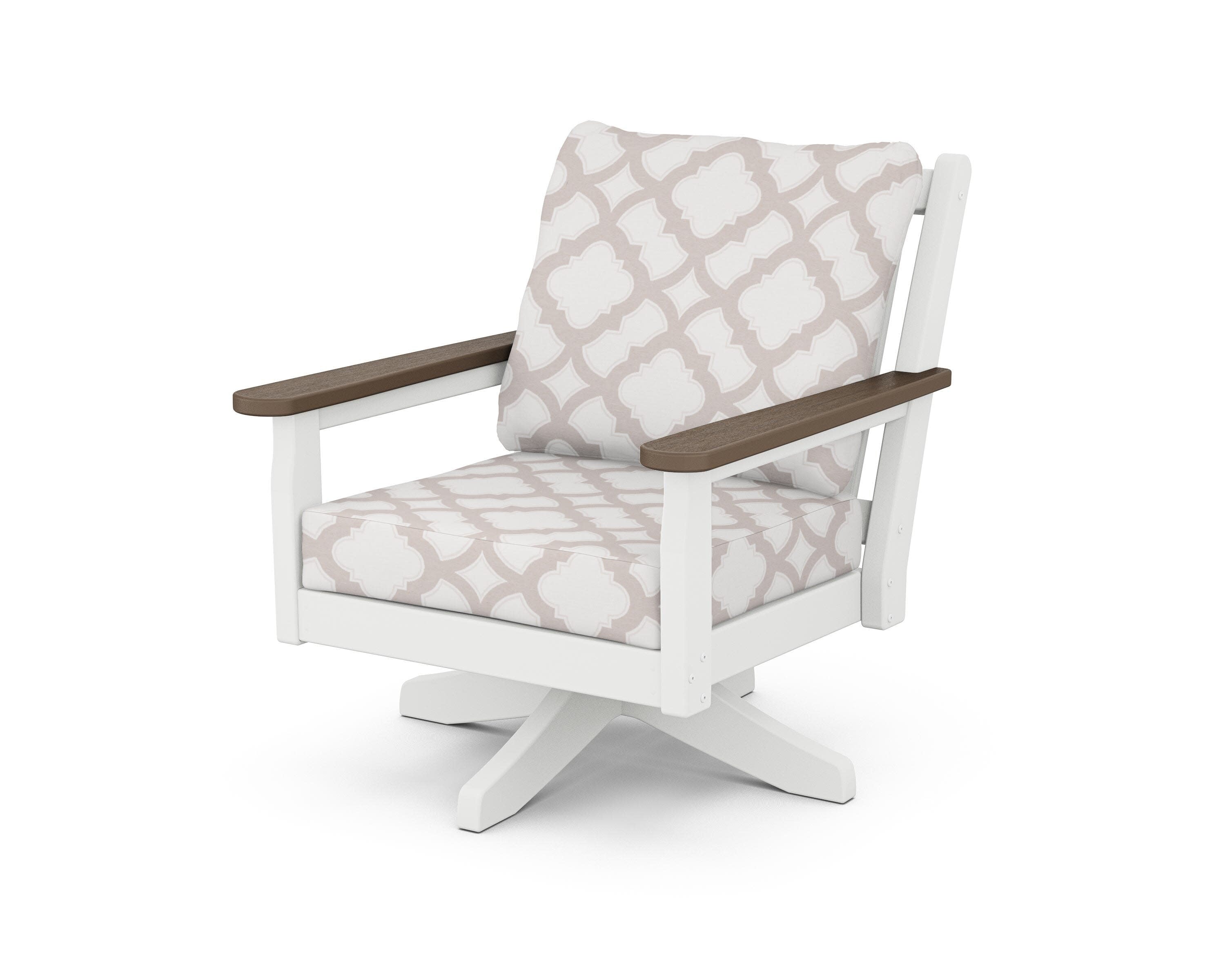 Chippendale Deep Seating Swivel Chair in White / Kona / Trellis Dune Burlap