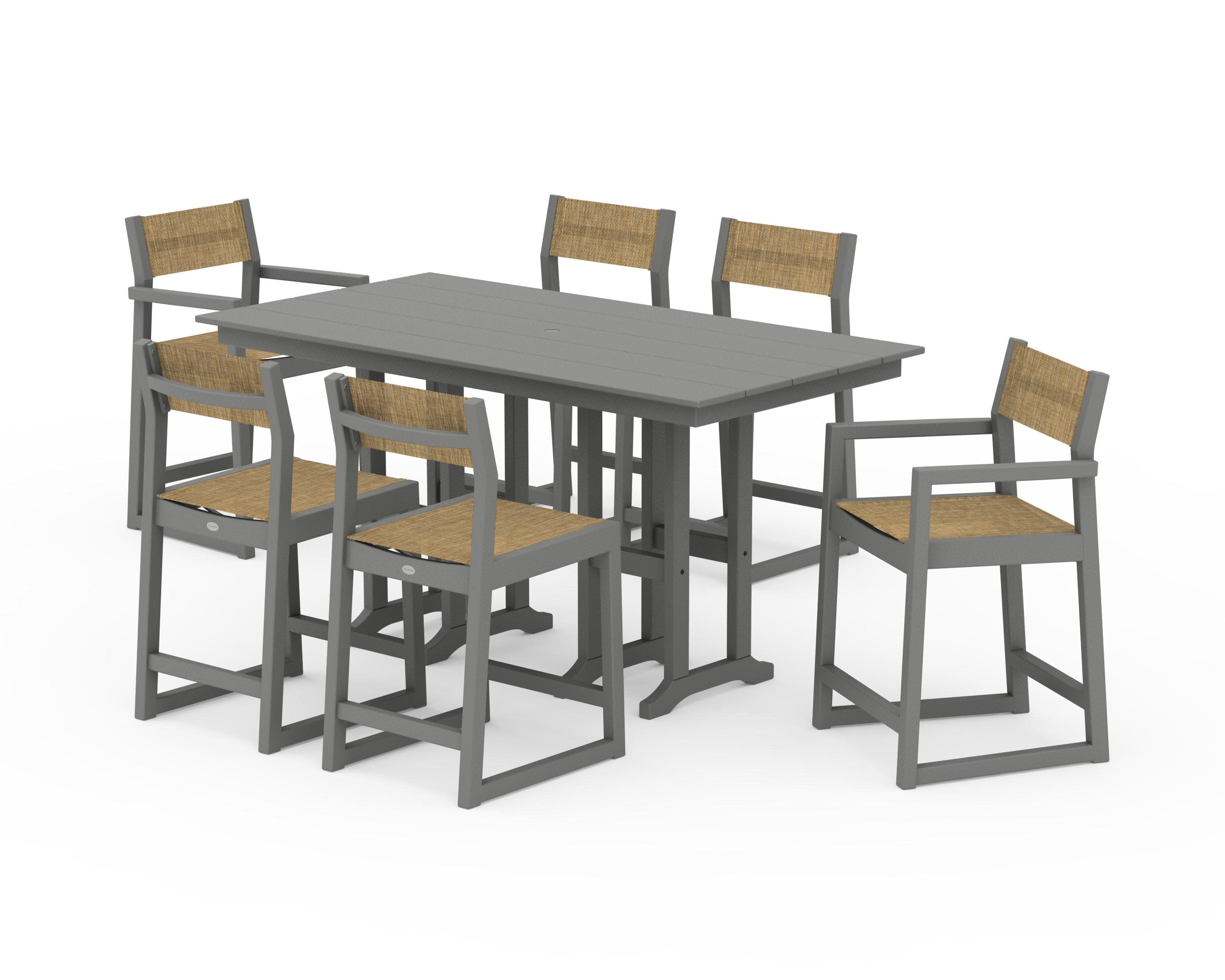 EDGE Sling 7-Piece Farmhouse Counter Set with Trestle Legs in Slate Grey / Burlap Sling