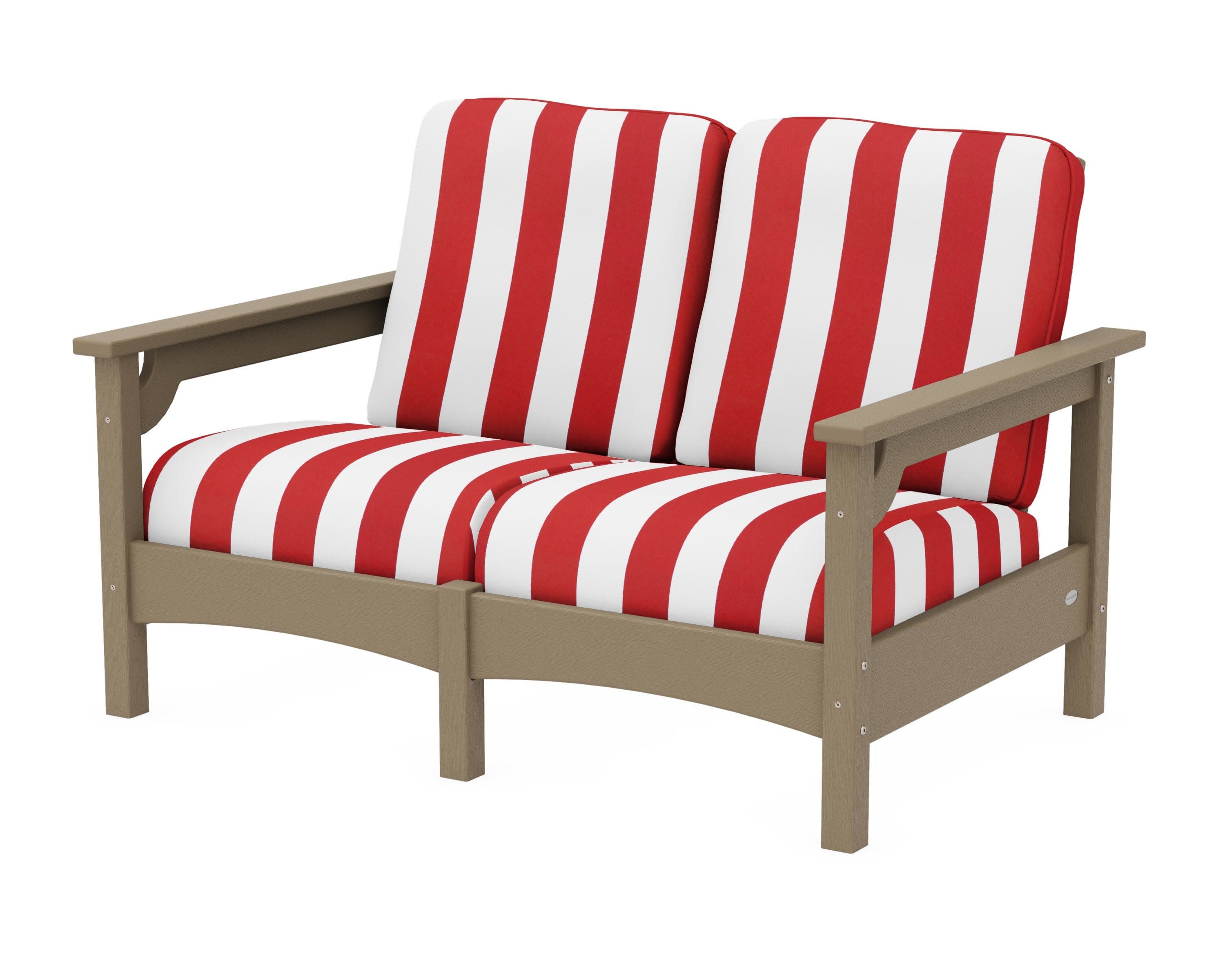 Club Loveseat in Vintage Sahara / Cabana Stripe Crimson