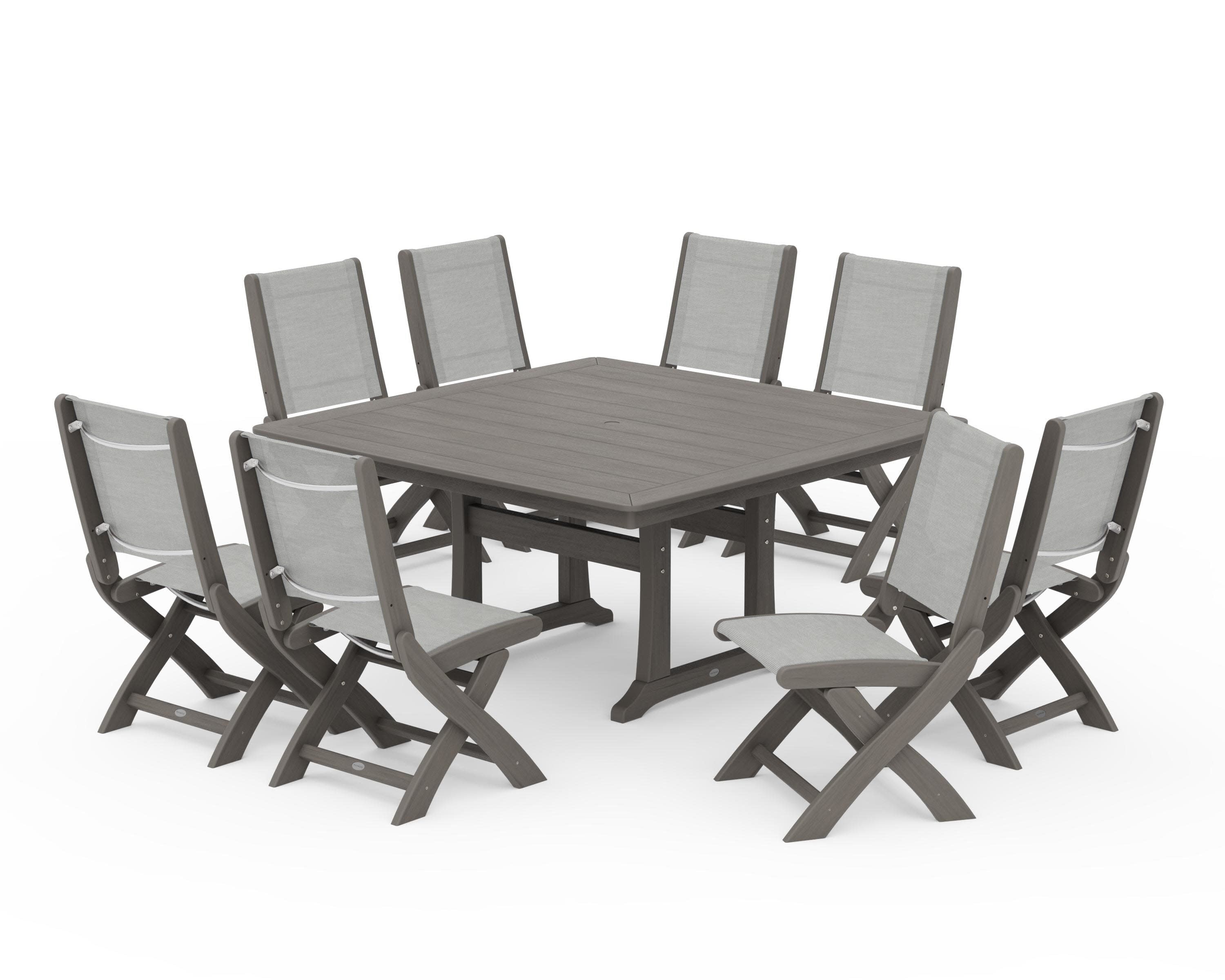 Coastal Folding Side Chair 9-Piece Dining Set with Trestle Legs in Driftwood / Metallic Sling