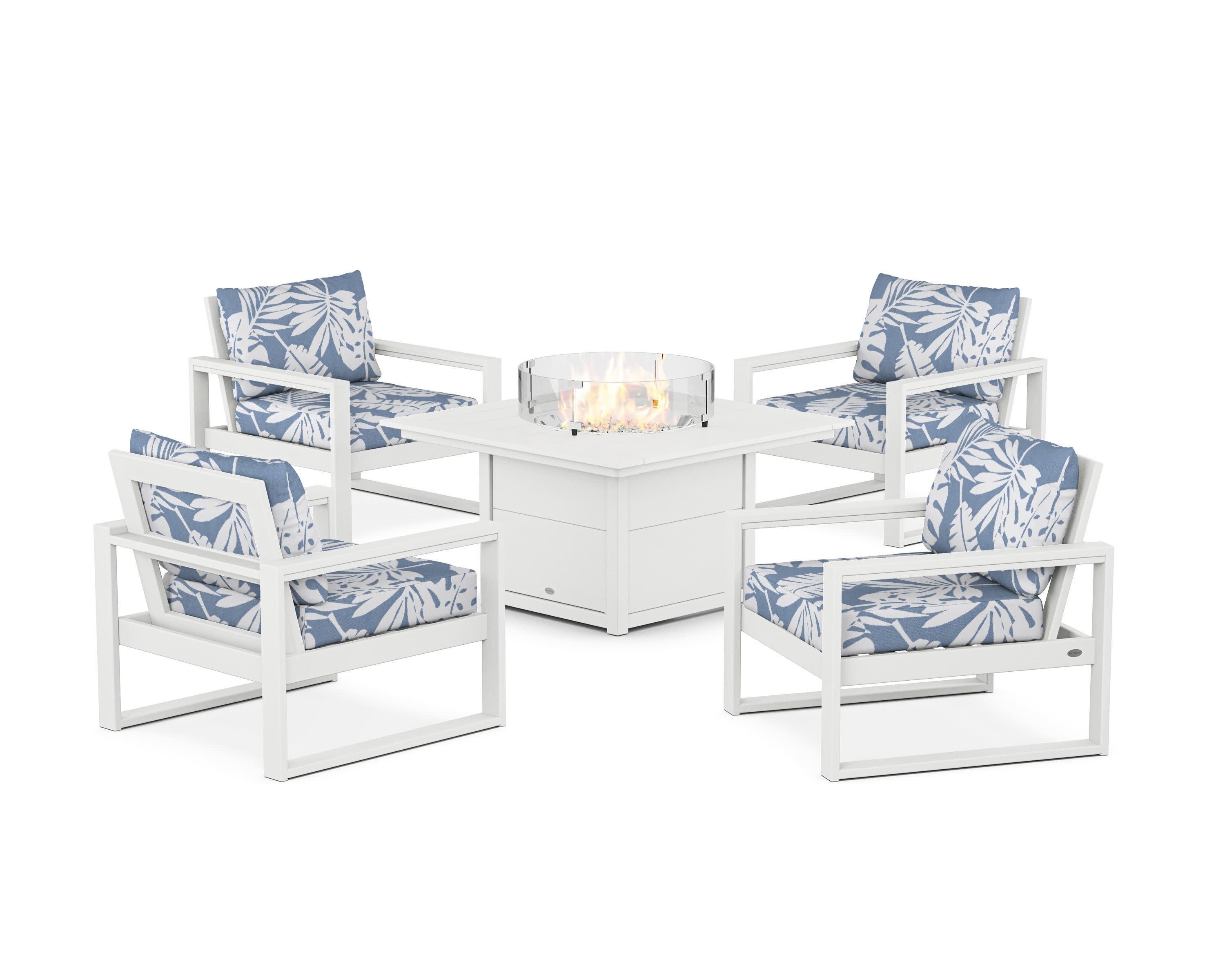 EDGE Sectional 5-Piece Deep Seating Set with Fire Pit Table in White / Leaf Sky Blue