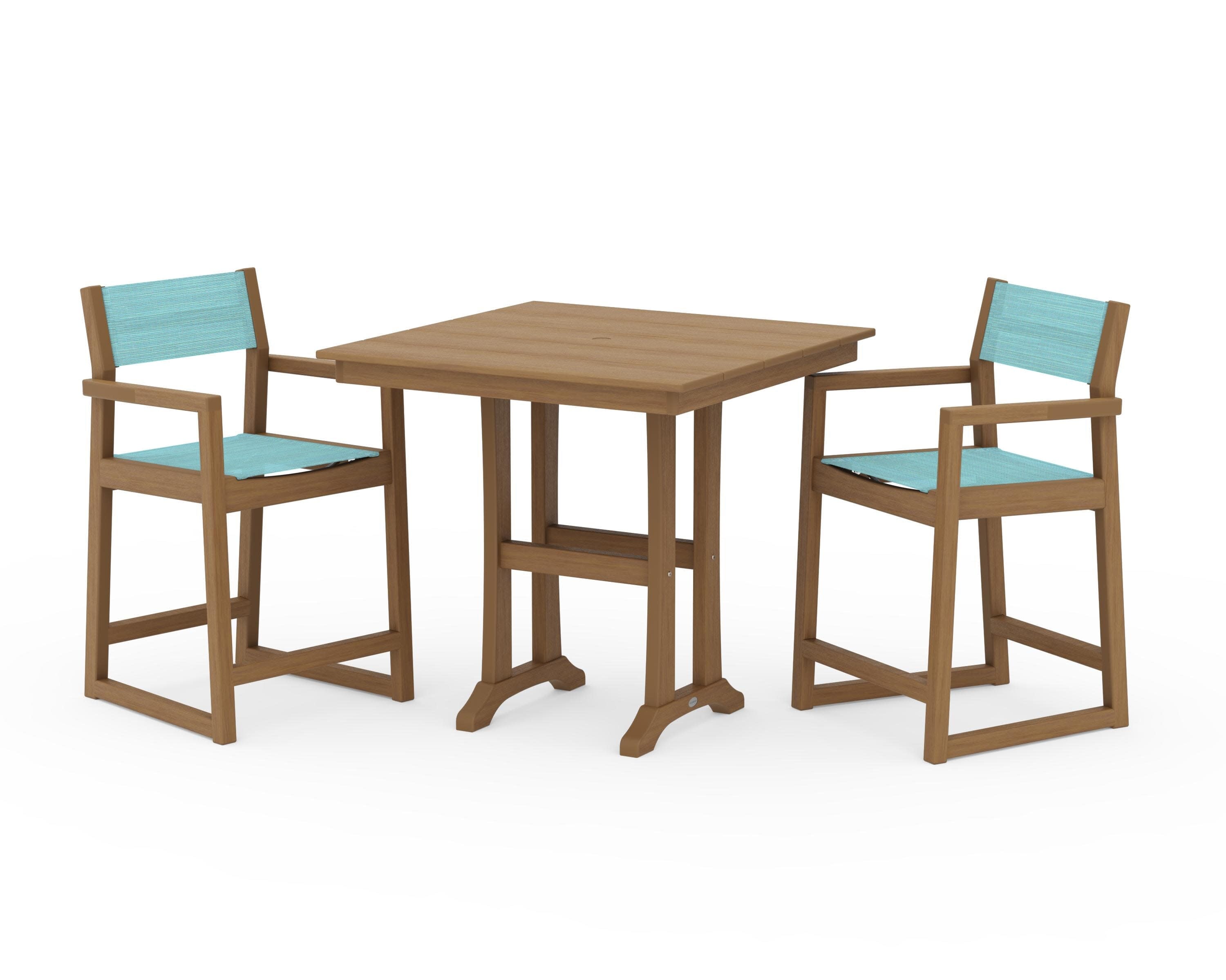 EDGE Sling Arm Chair 3-Piece Farmhouse Counter Set with Trestle Legs in Natural / Dupioni Aquamarine Sling