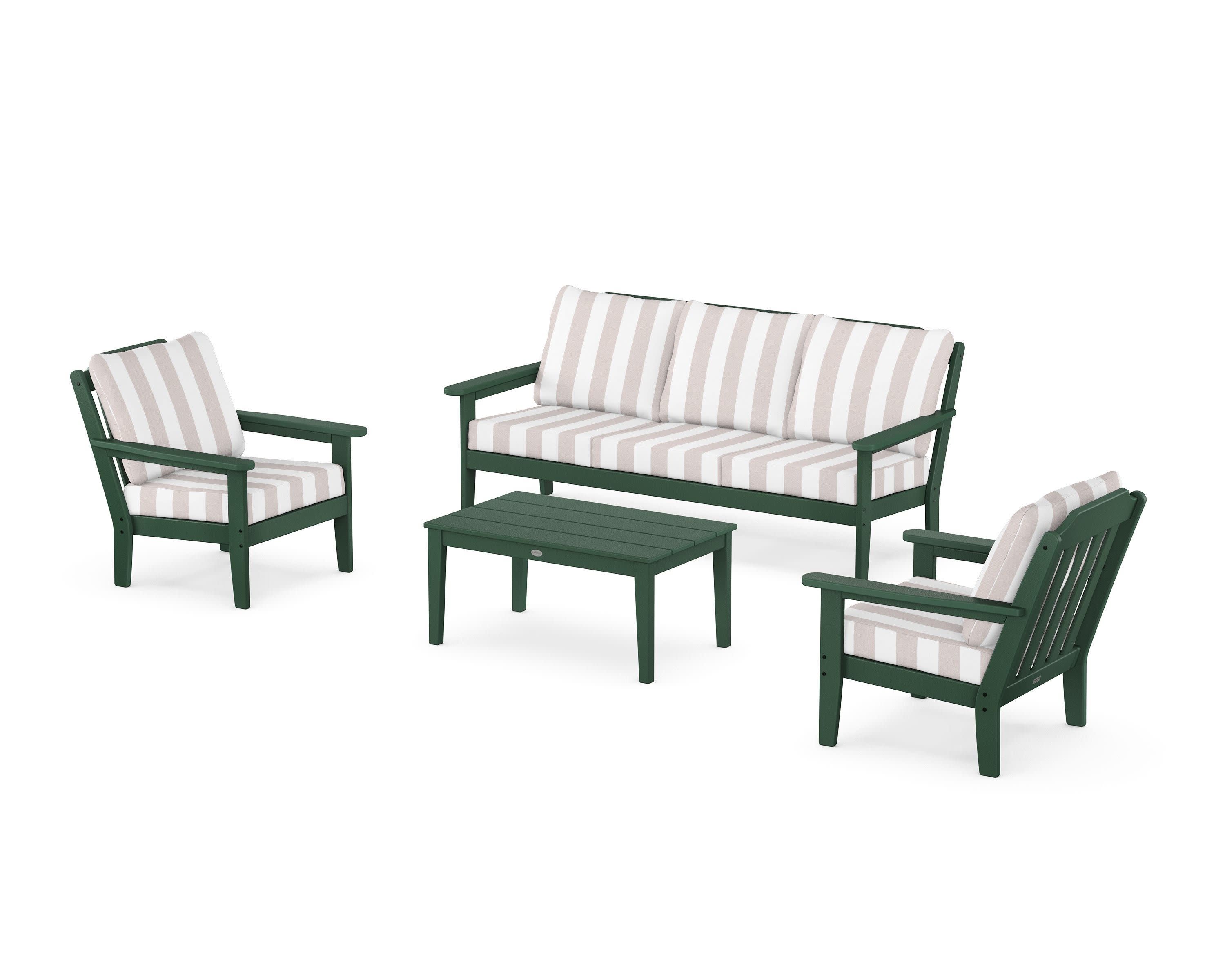 Cottage 4-Piece Deep Seating Set with Sofa in Green / Cabana Stripe Dune Burlap