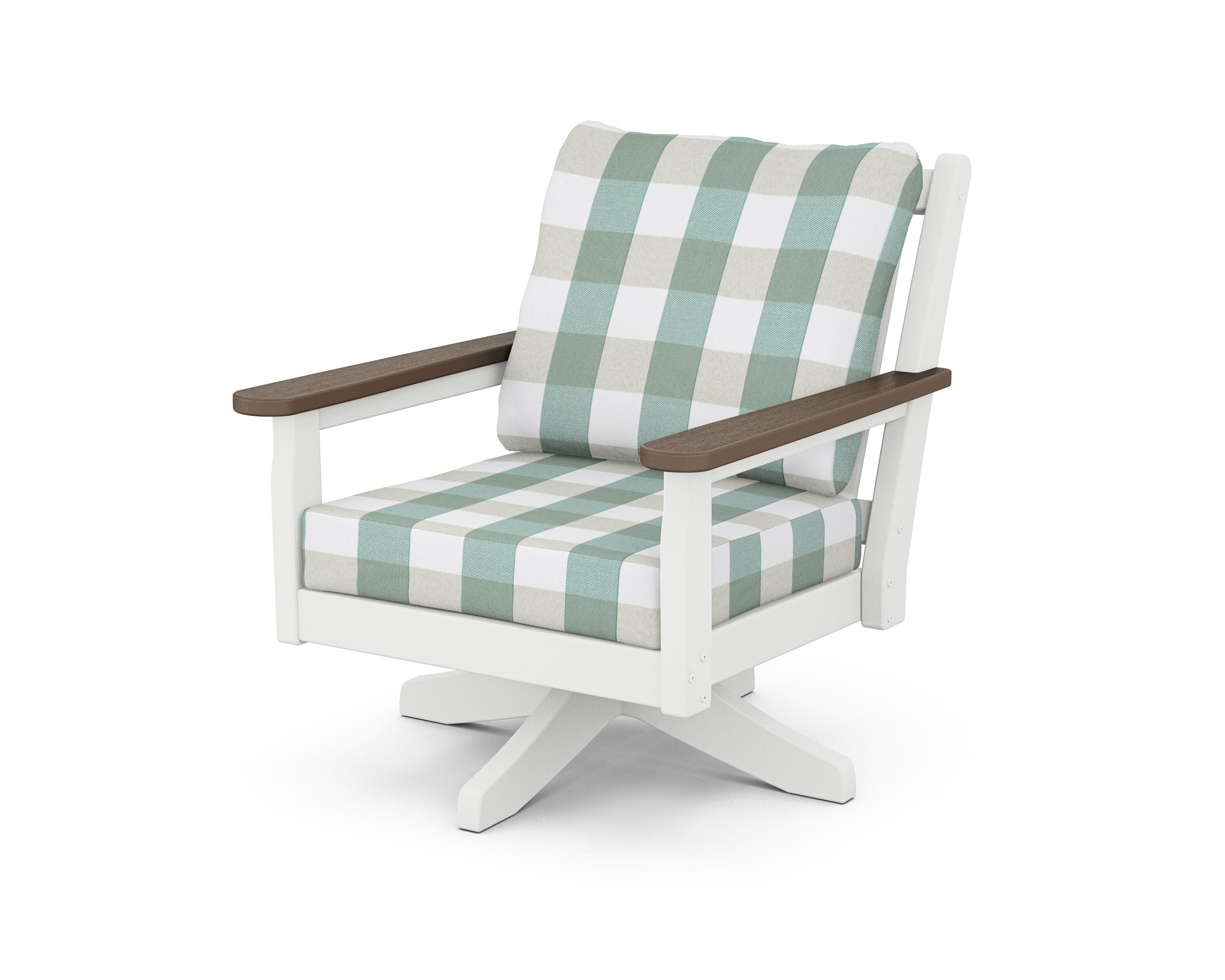 Chippendale Deep Seating Swivel Chair in White / Kona / Buffalo Plaid Glacier Spa