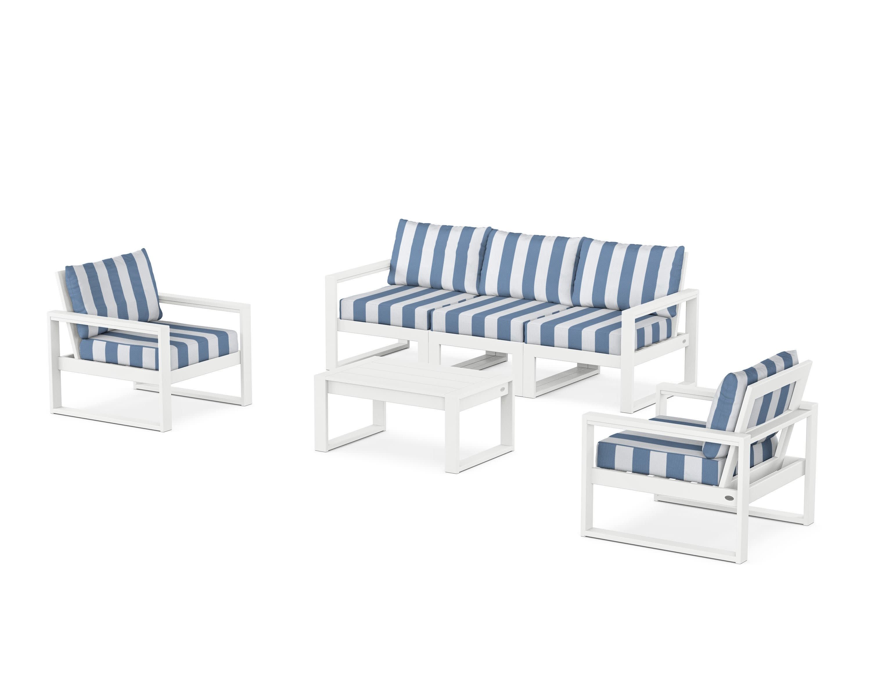 EDGE Sectional 4-Piece Deep Seating Set with Sofa in White / Cabana Stripe Sky Blue