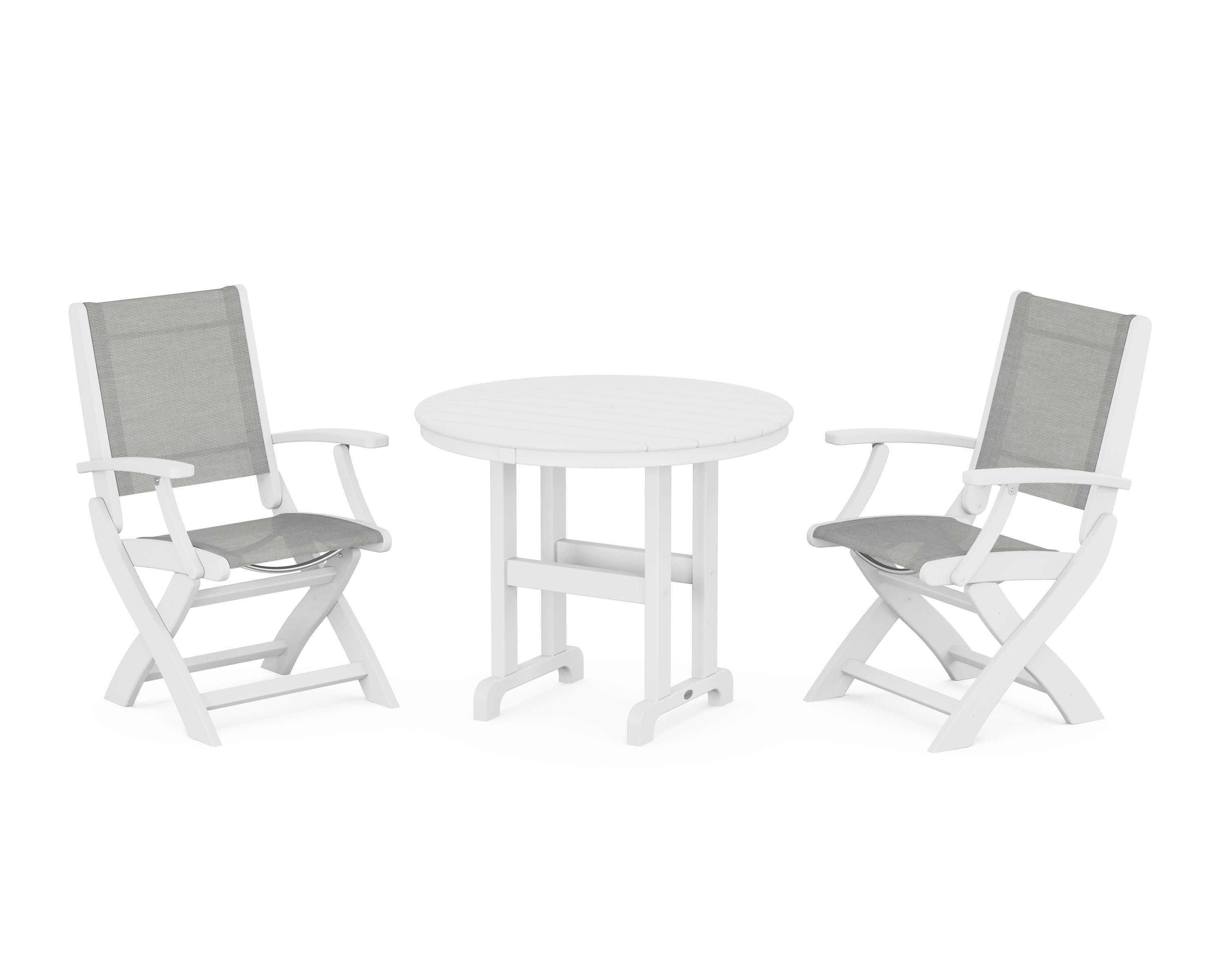 Coastal Folding Chair 3-Piece Round Dining Set in White / Metallic Sling