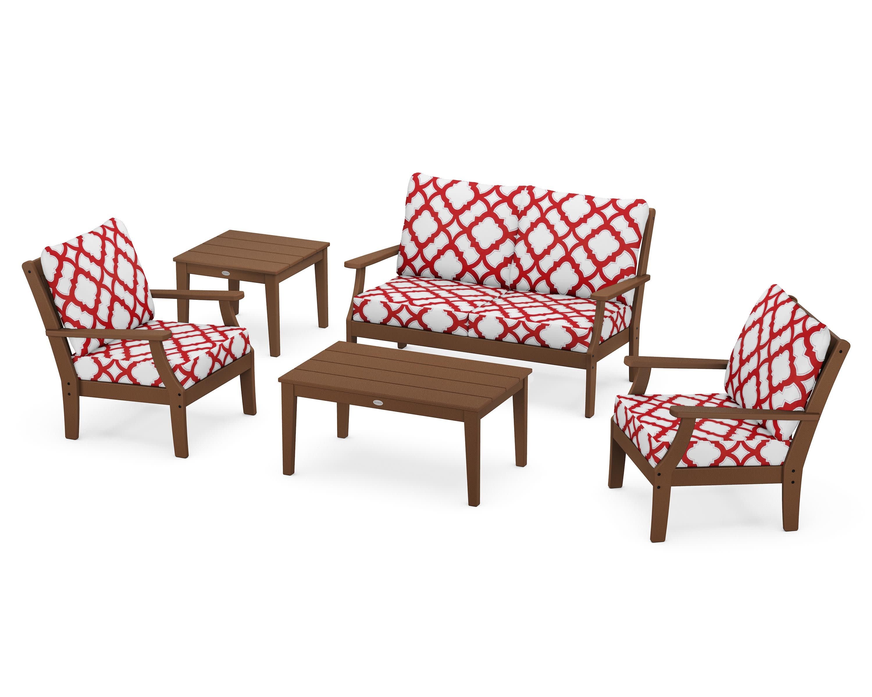 Braxton 5-Piece Deep Seating Set in Teak / Trellis Crimson