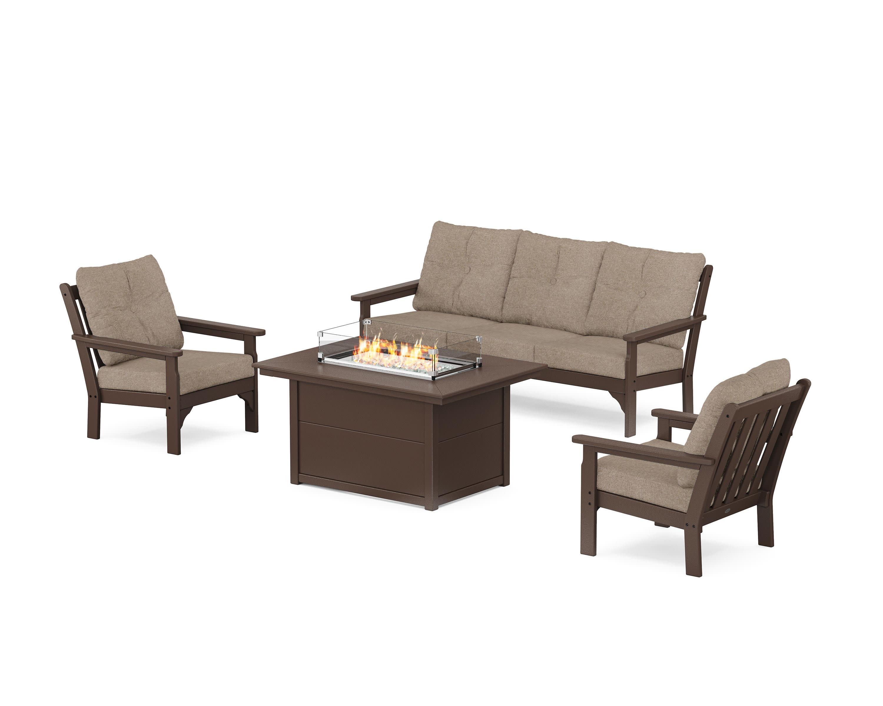 Vineyard Deep Seating Fire Pit Table Set in Mahogany / Spiced Burlap