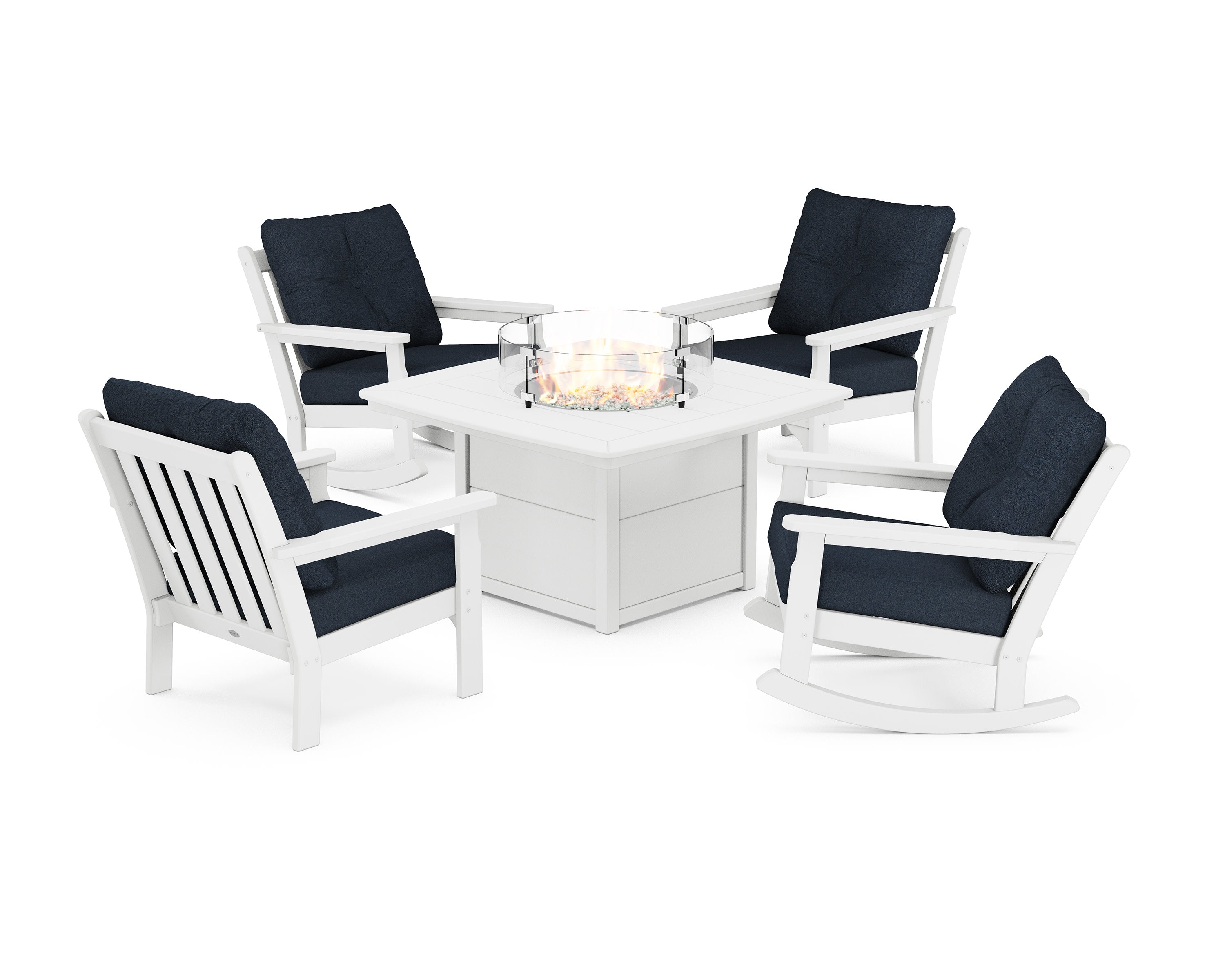 Vineyard 5-Piece Deep Seating Rocking Chair Conversation Set with Fire Pit Table in White / Marine Indigo