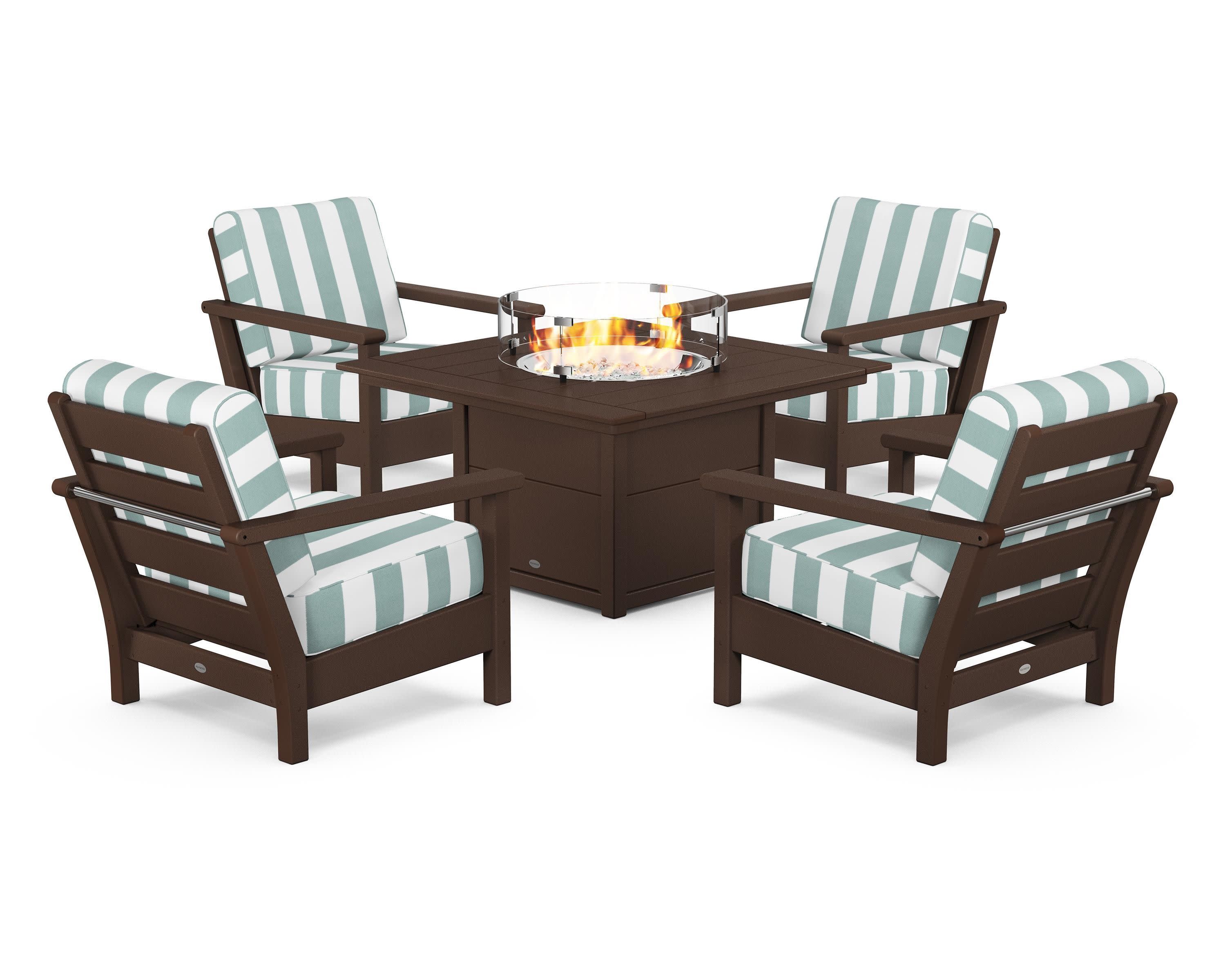 Harbour 5-Piece Conversation Set with Fire Pit Table in Mahogany / Cabana Stripe Glacier Spa