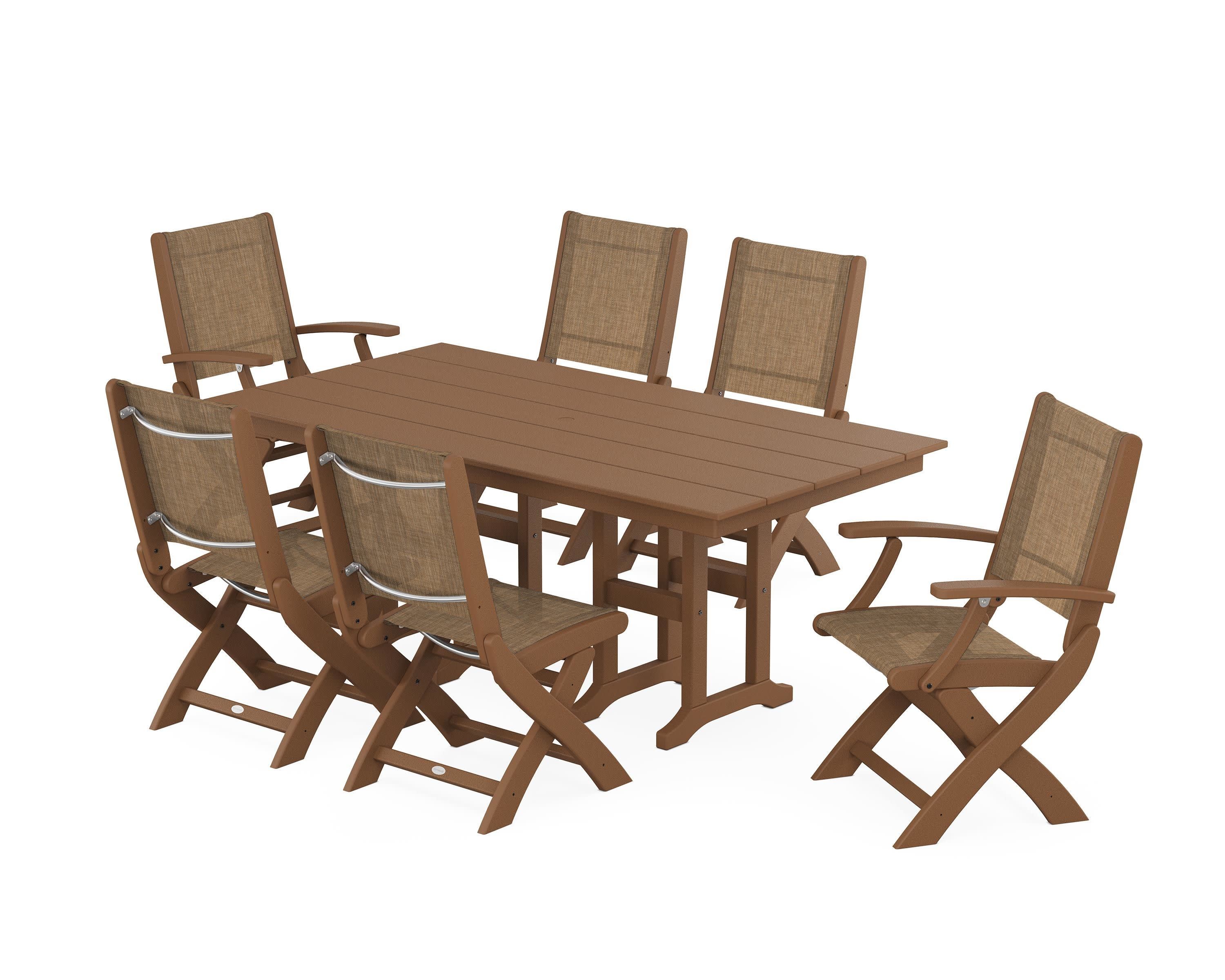 Coastal Folding Chair 7-Piece Farmhouse Dining Set in Teak / Burlap Sling