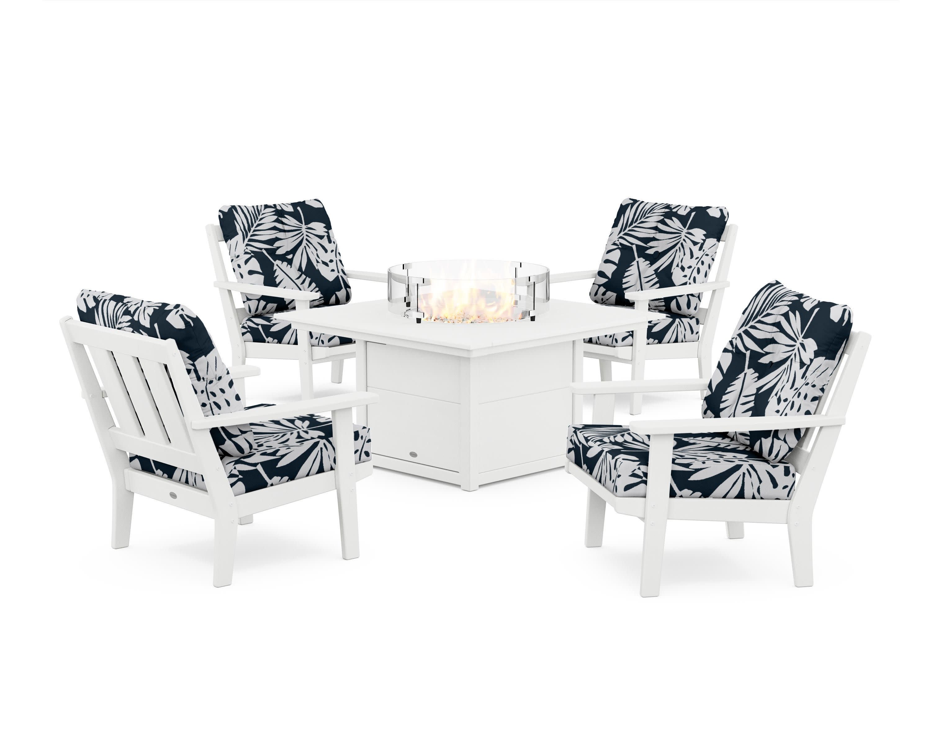 Oxford 5-Piece Deep Seating Set with Fire Pit Table in White / Leaf Marine Indigo