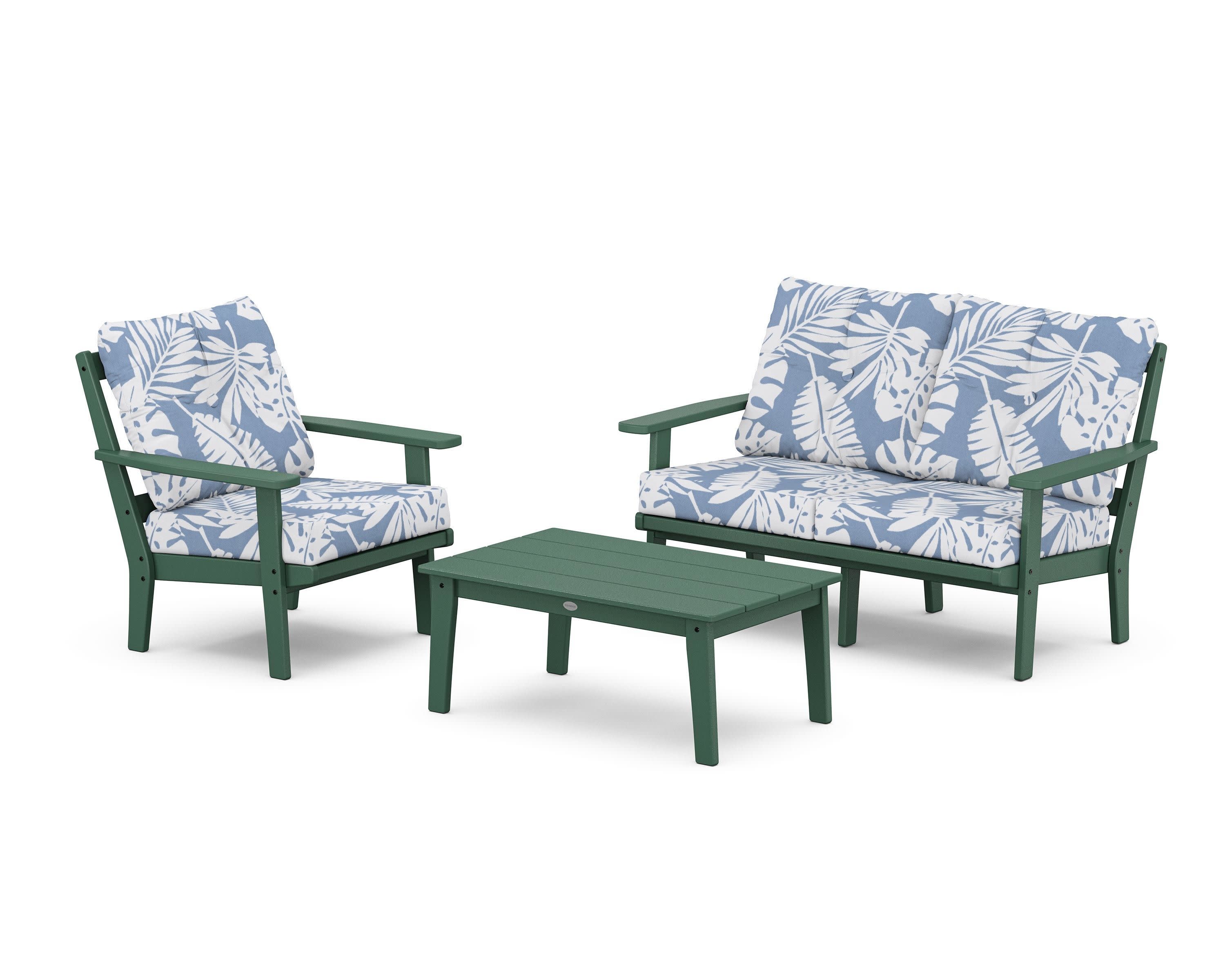 Oxford 3-Piece Deep Seating Set with Loveseat in Green / Leaf Sky Blue