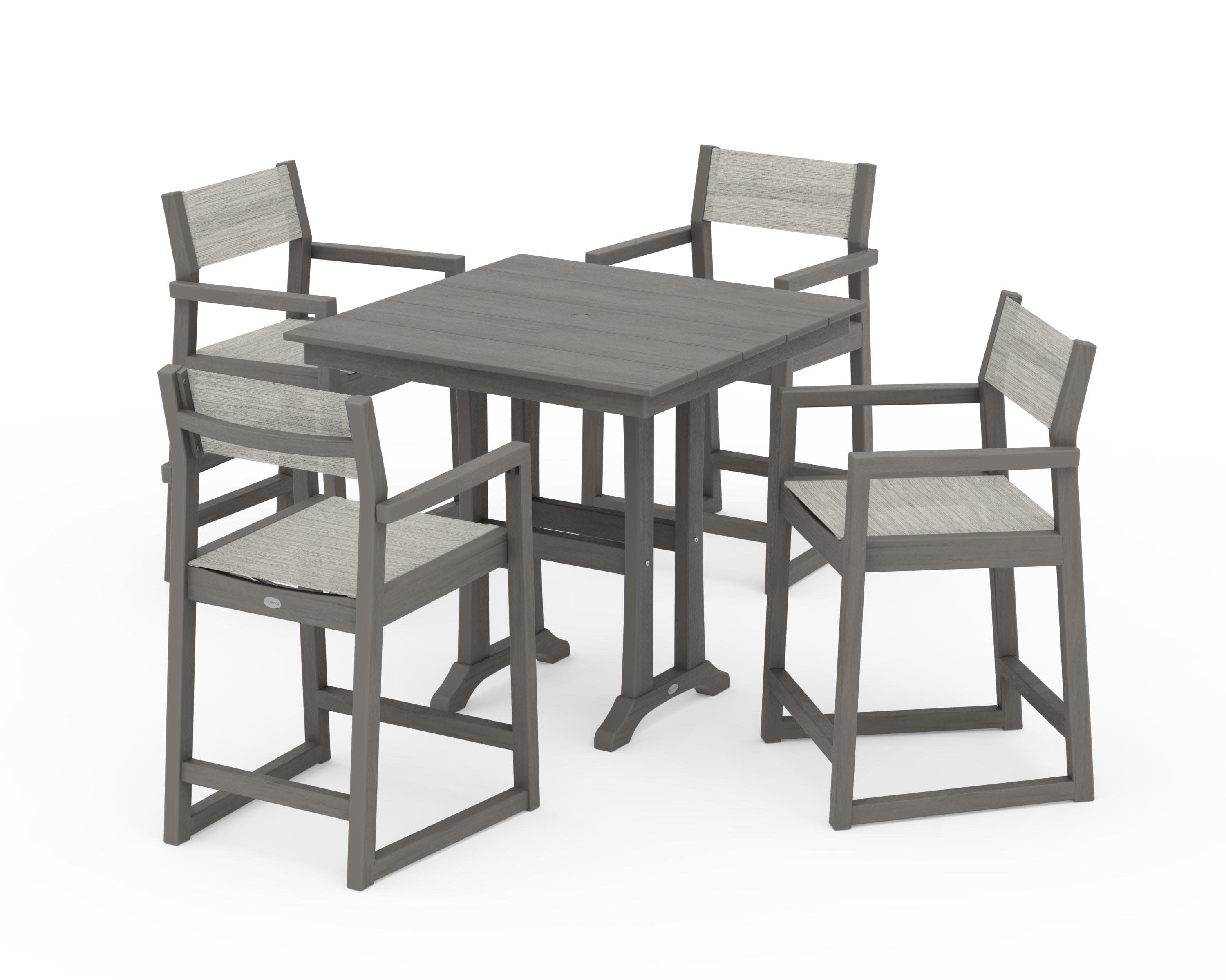 EDGE Sling Arm Chair 5-Piece Farmhouse Counter Set with Trestle Legs in Driftwood / Birch Sling