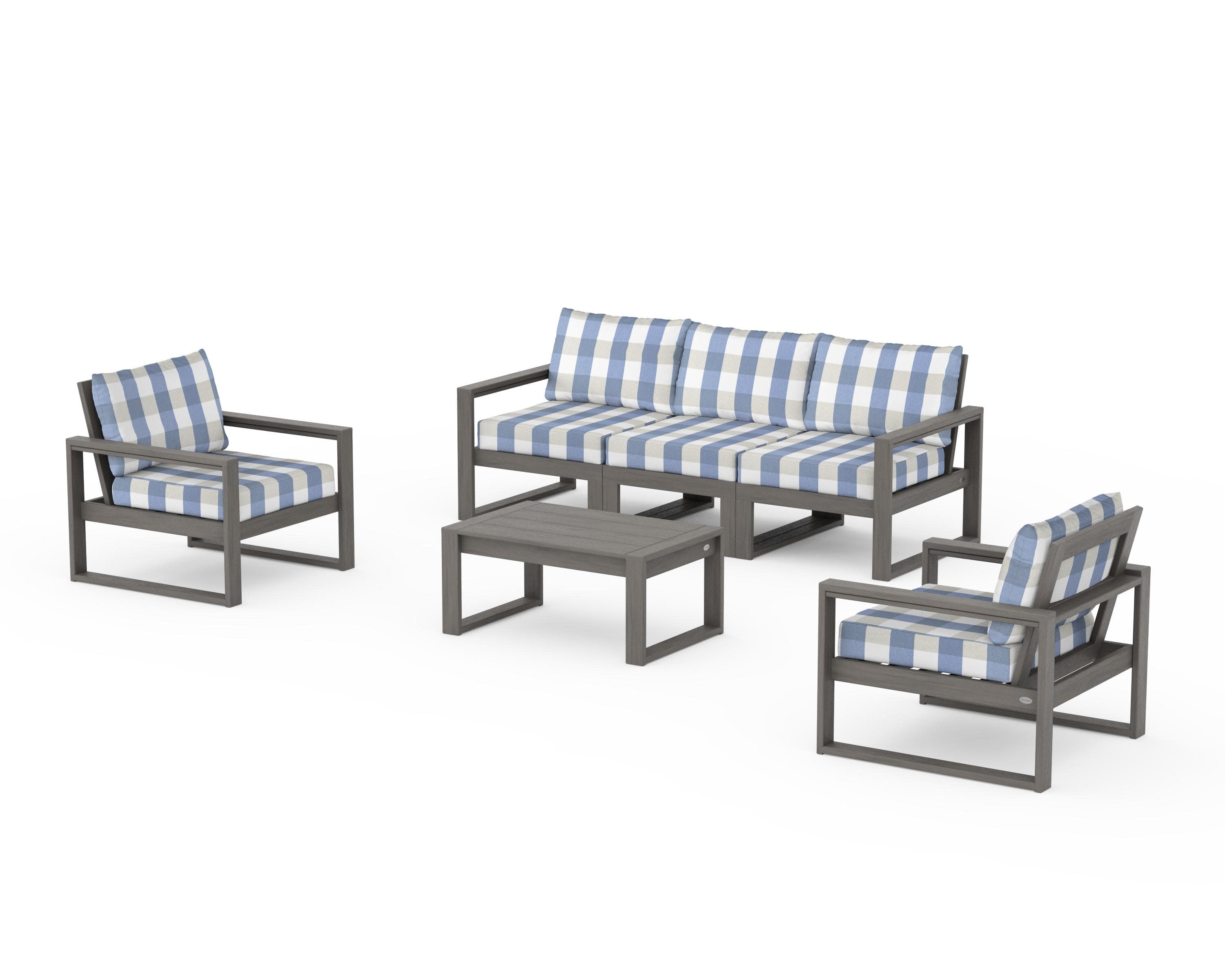 EDGE Sectional 4-Piece Deep Seating Set with Sofa in Driftwood / Buffalo Plaid Sky Blue