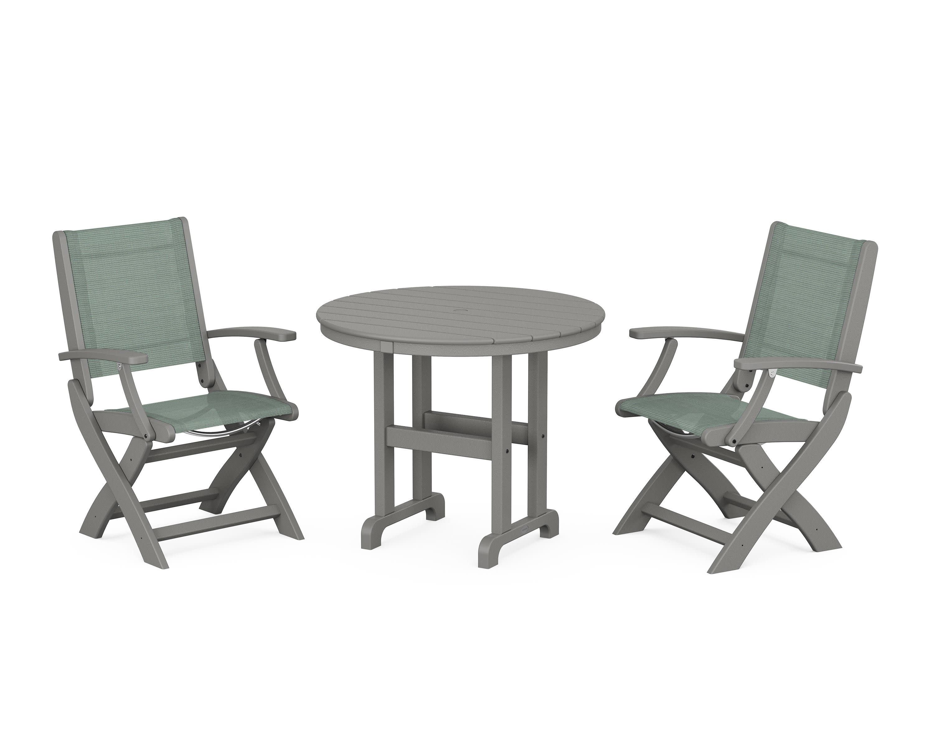 Coastal Folding Chair 3-Piece Round Dining Set in Slate Grey / Dupioni Sea Mist Sling