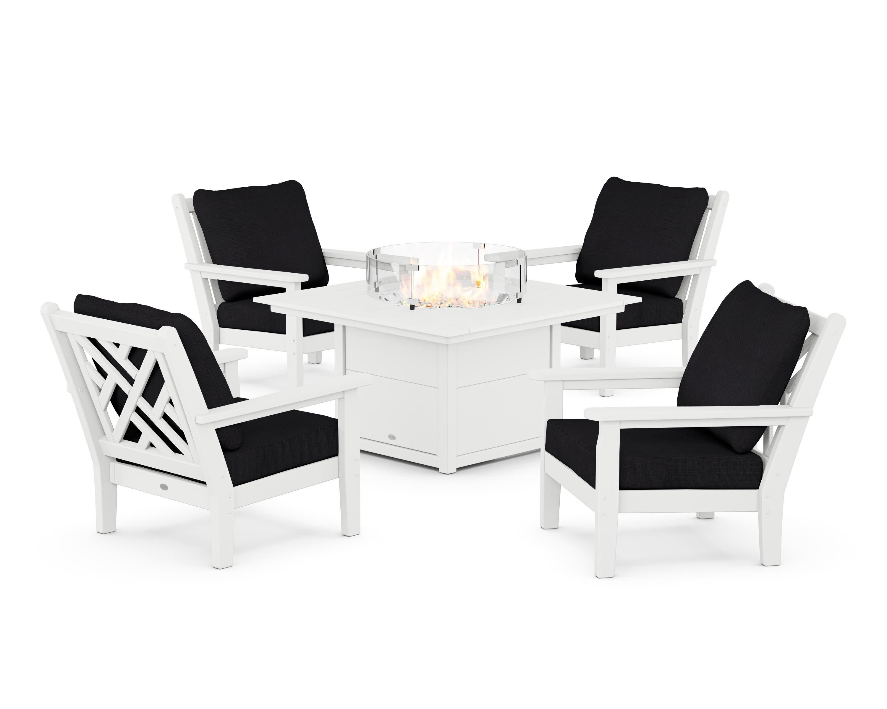 Chippendale 5-Piece Deep Seating Set with Fire Pit Table in White / Midnight Linen