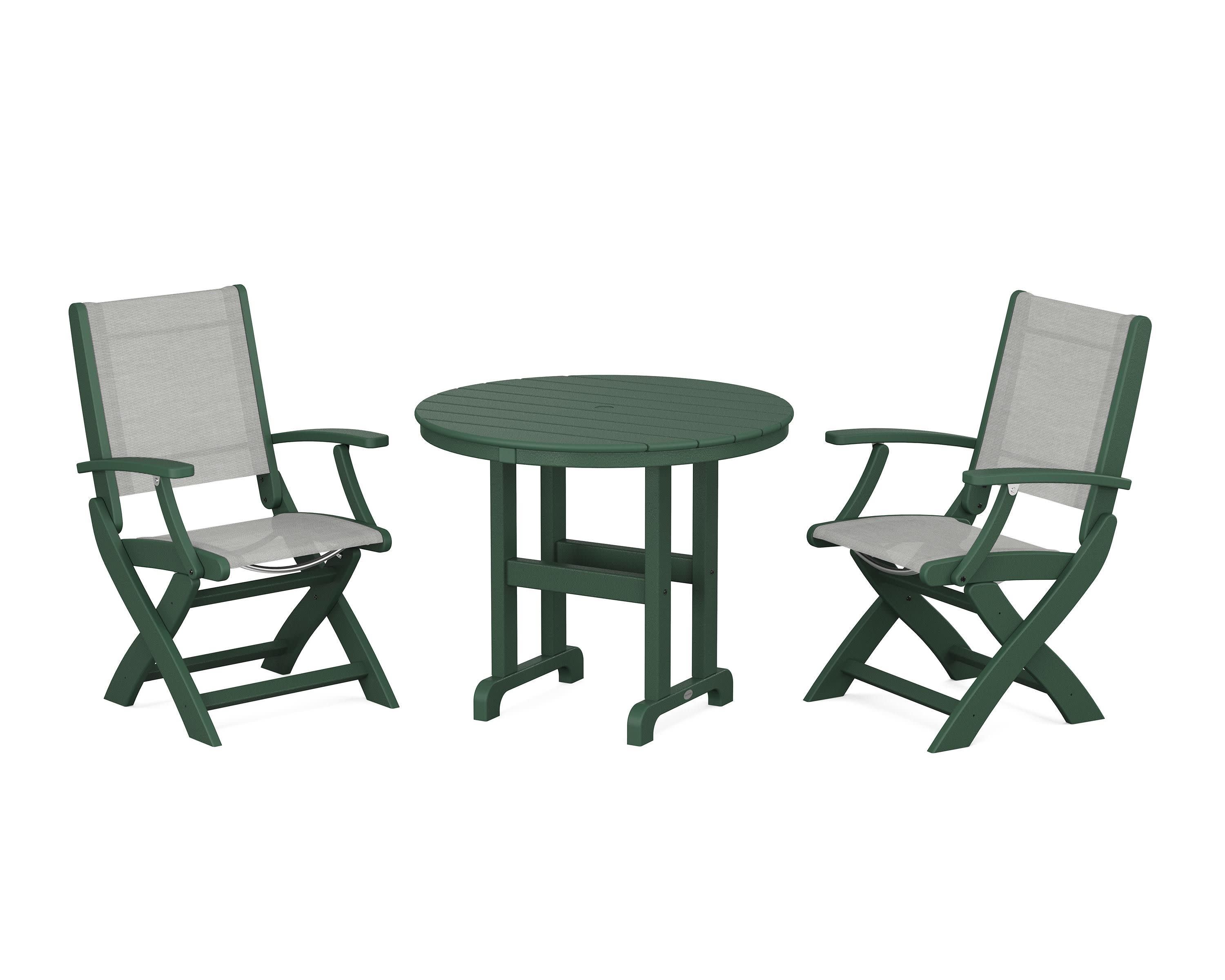 Coastal Folding Chair 3-Piece Round Dining Set in Green / Metallic Sling