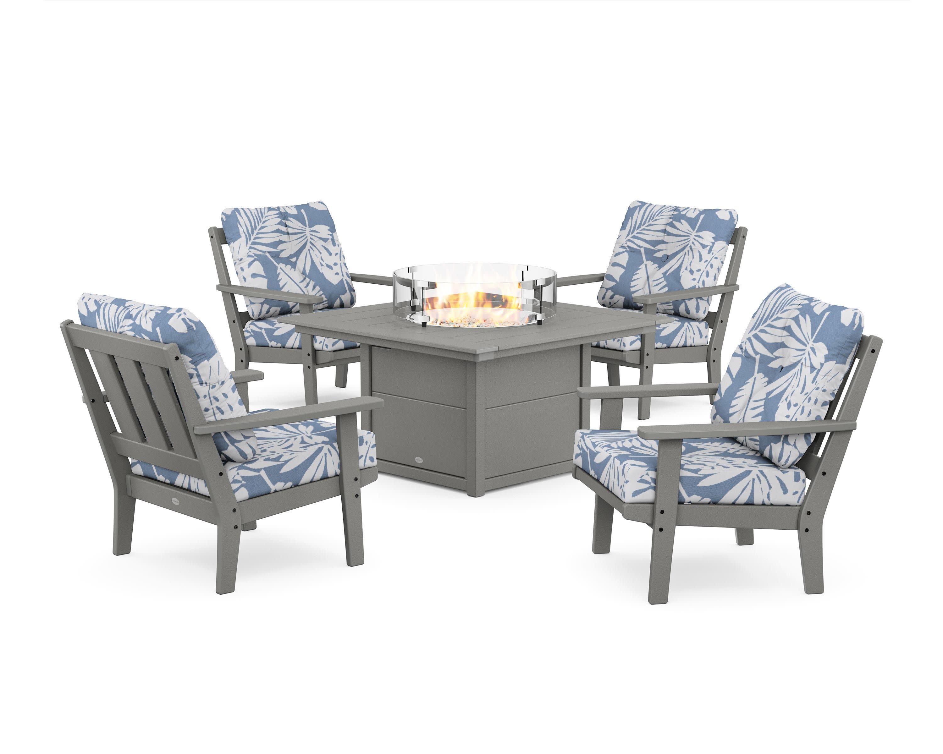 Oxford 5-Piece Deep Seating Set with Fire Pit Table in Slate Grey / Leaf Sky Blue