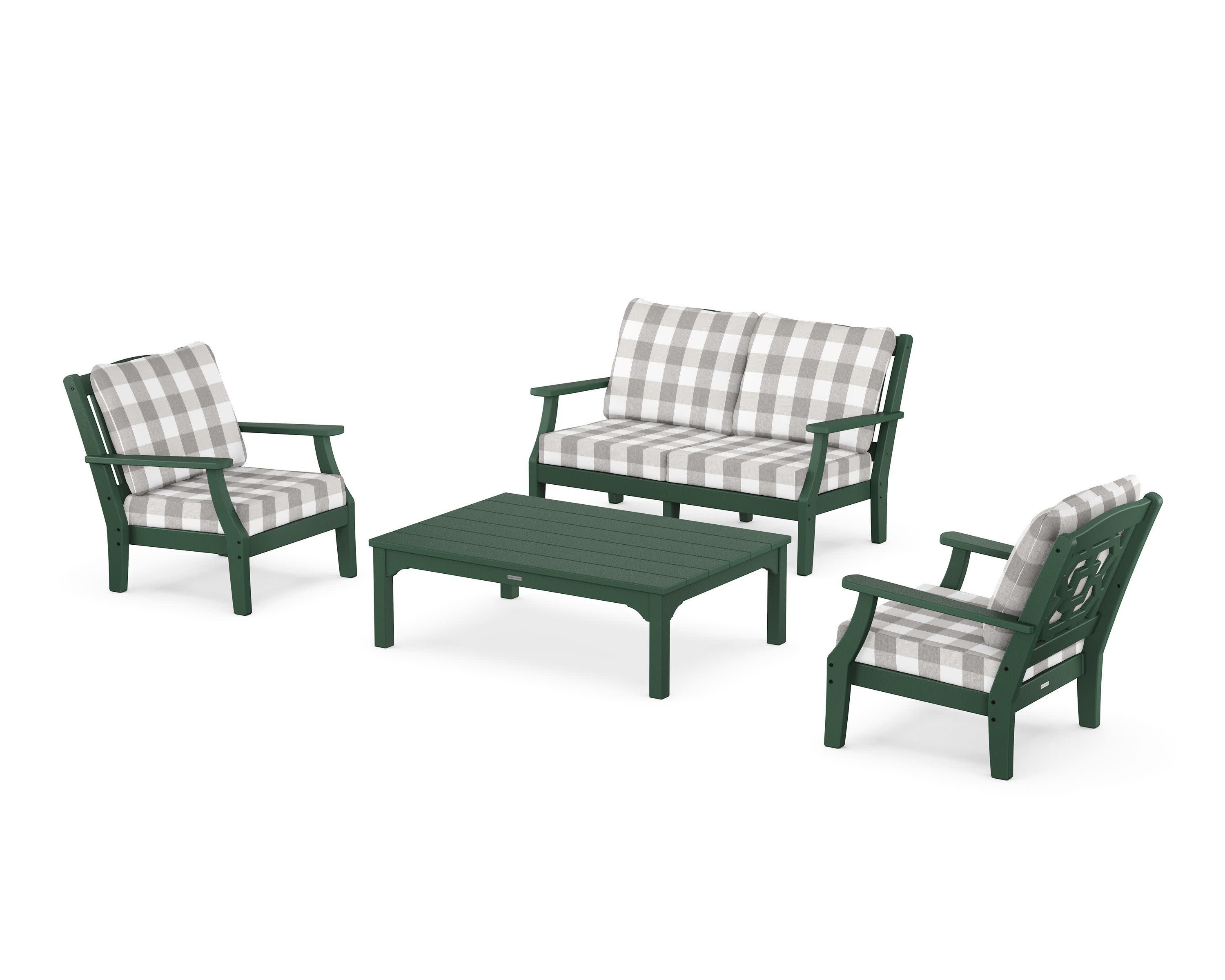 Chinoiserie 4-Piece Deep Seating Set with Loveseat in Green / Buffalo Plaid Grey Mist