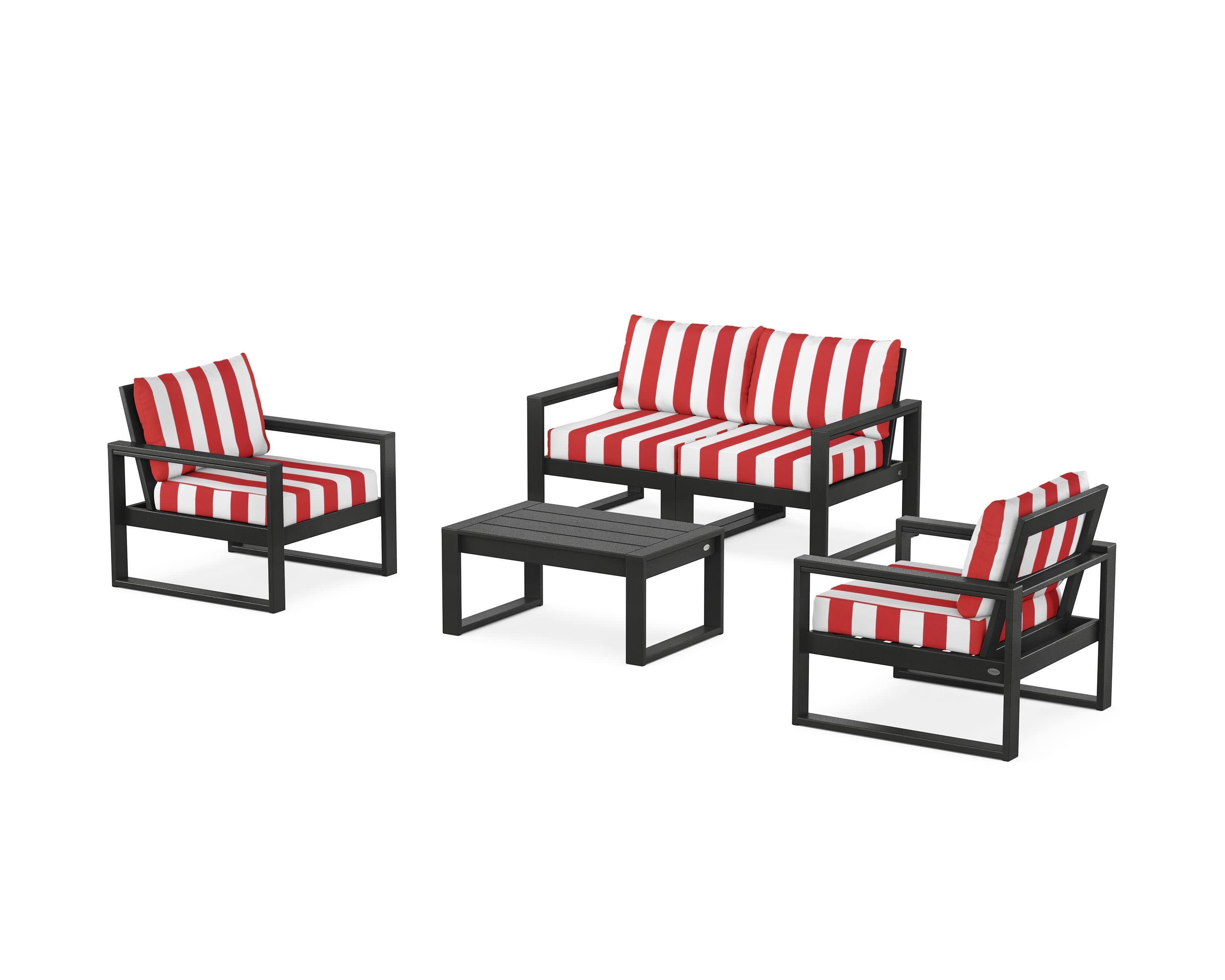 EDGE Sectional 4-Piece Deep Seating Set with Loveseat in Black / Cabana Stripe Crimson