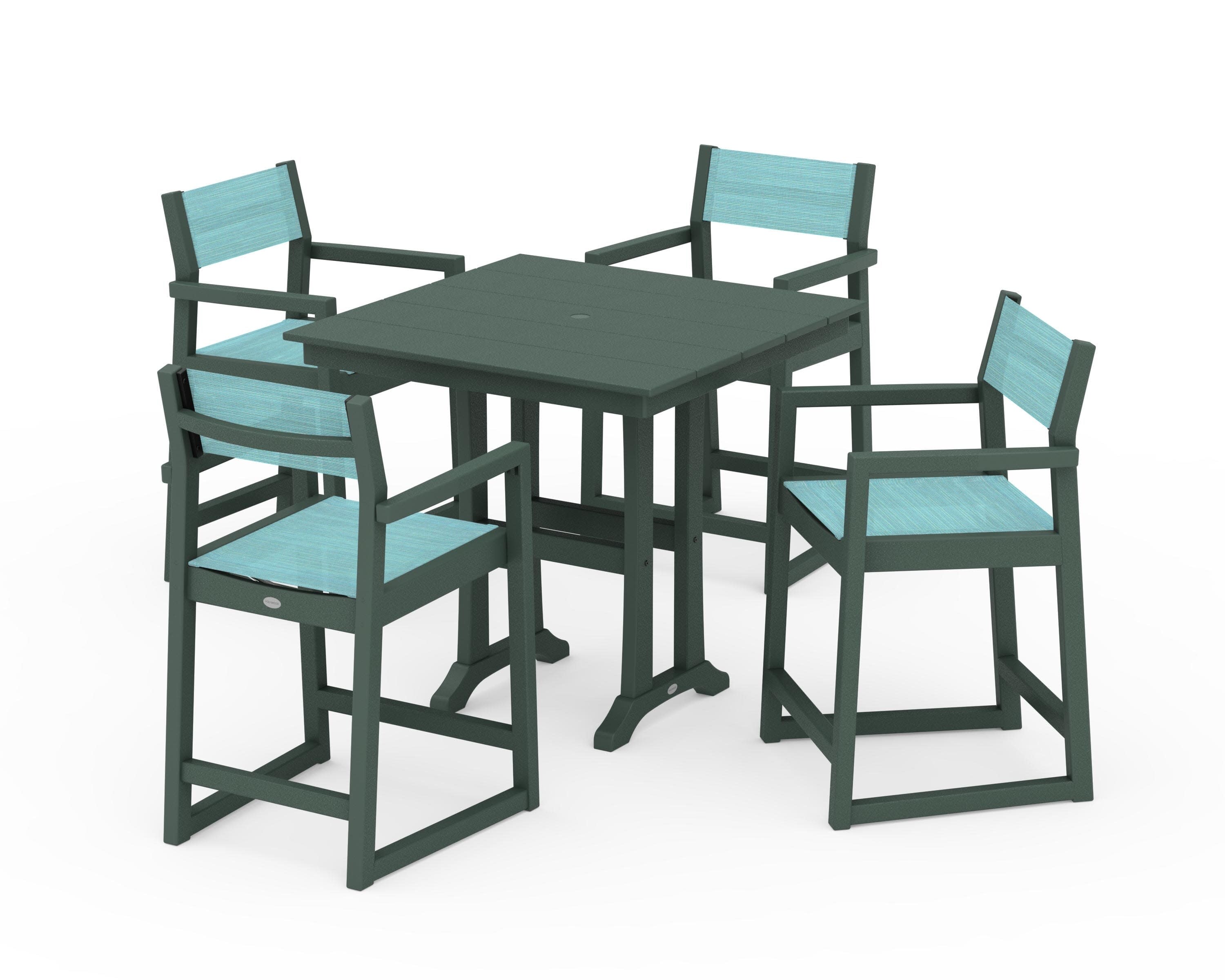 EDGE Sling Arm Chair 5-Piece Farmhouse Counter Set with Trestle Legs in Green / Dupioni Aquamarine Sling
