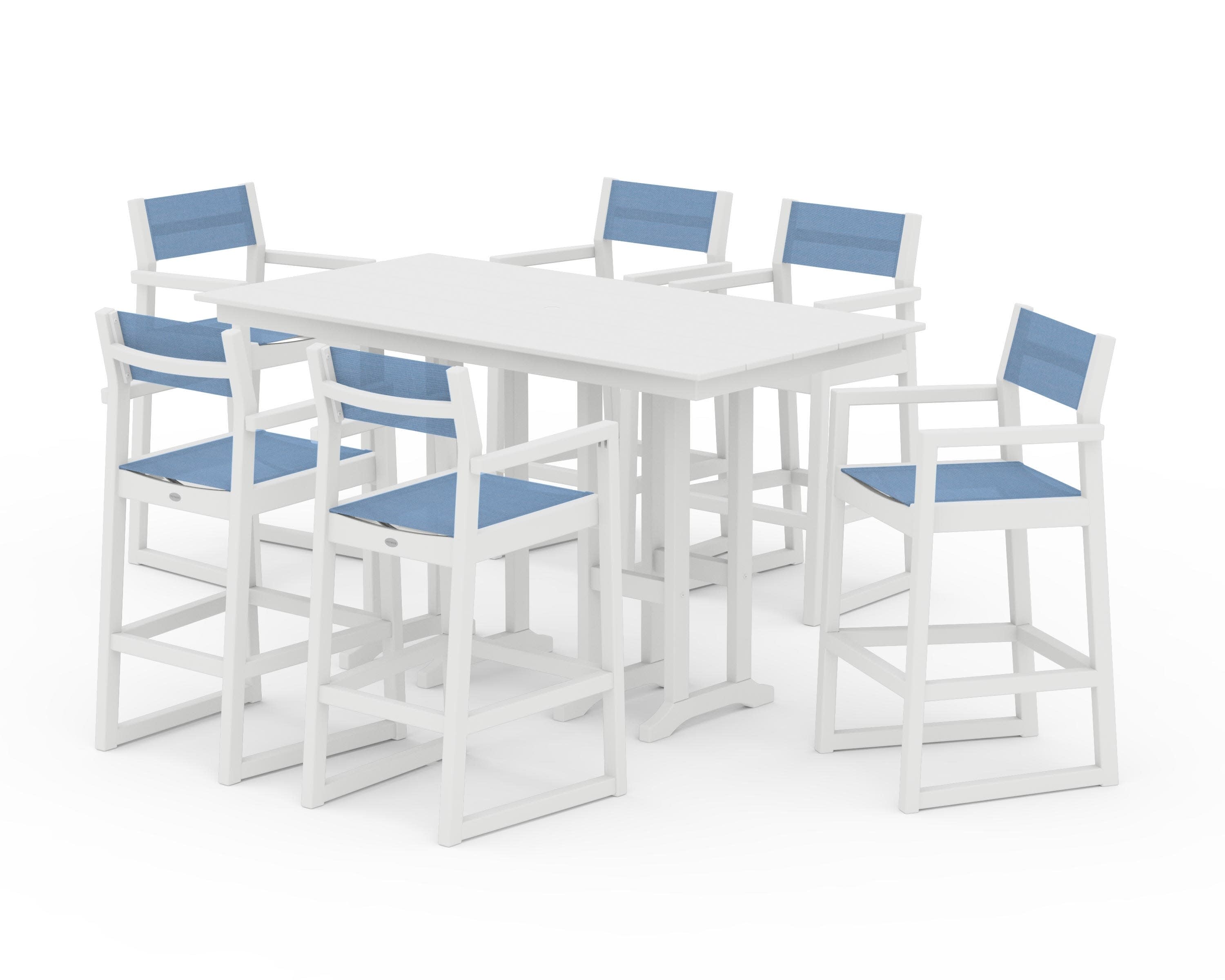 EDGE Sling Arm Chair 7-Piece Farmhouse Bar Set in White / Poolside Sling