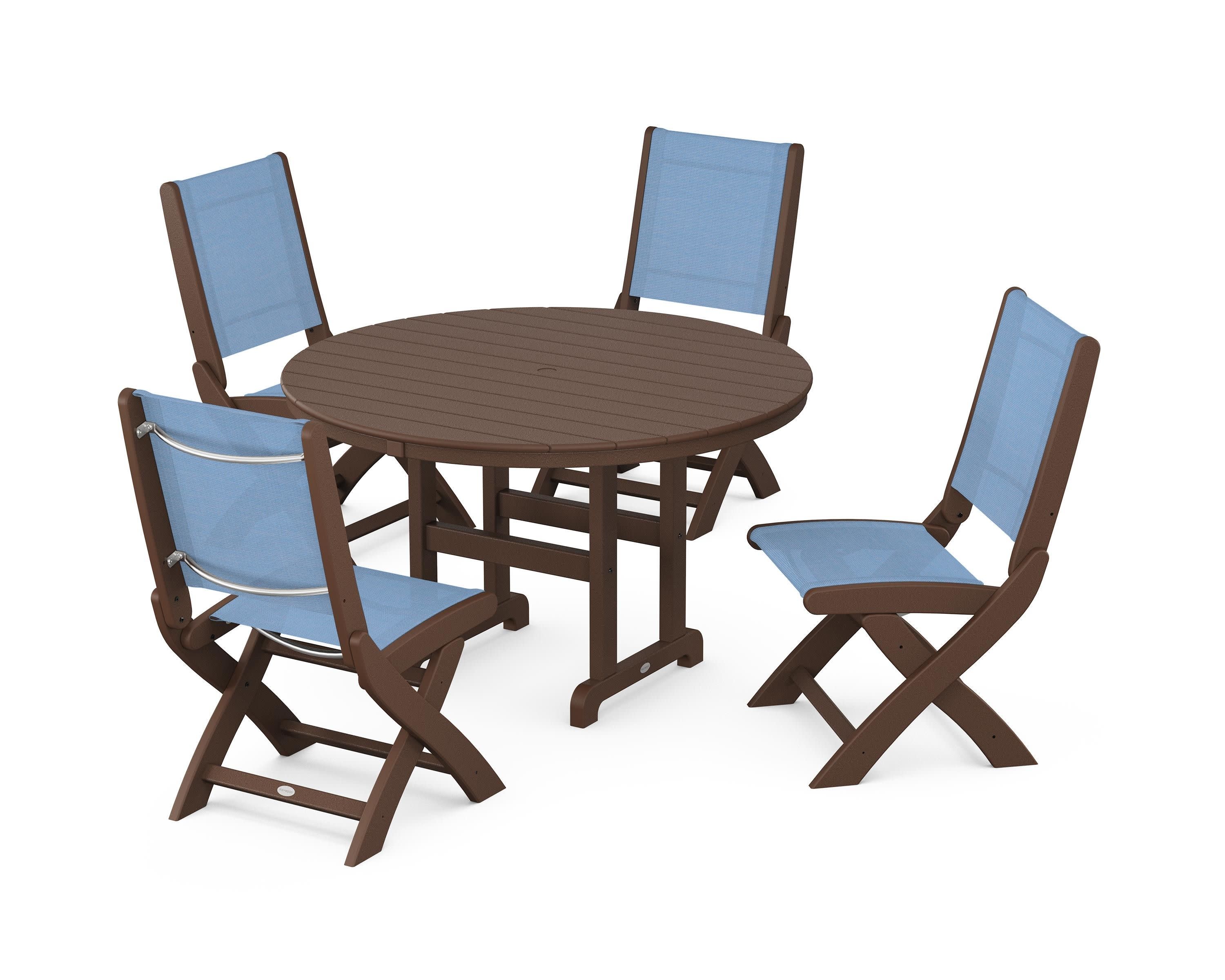Coastal Folding Side Chair 5-Piece Round Dining Set in Mahogany / Poolside Sling
