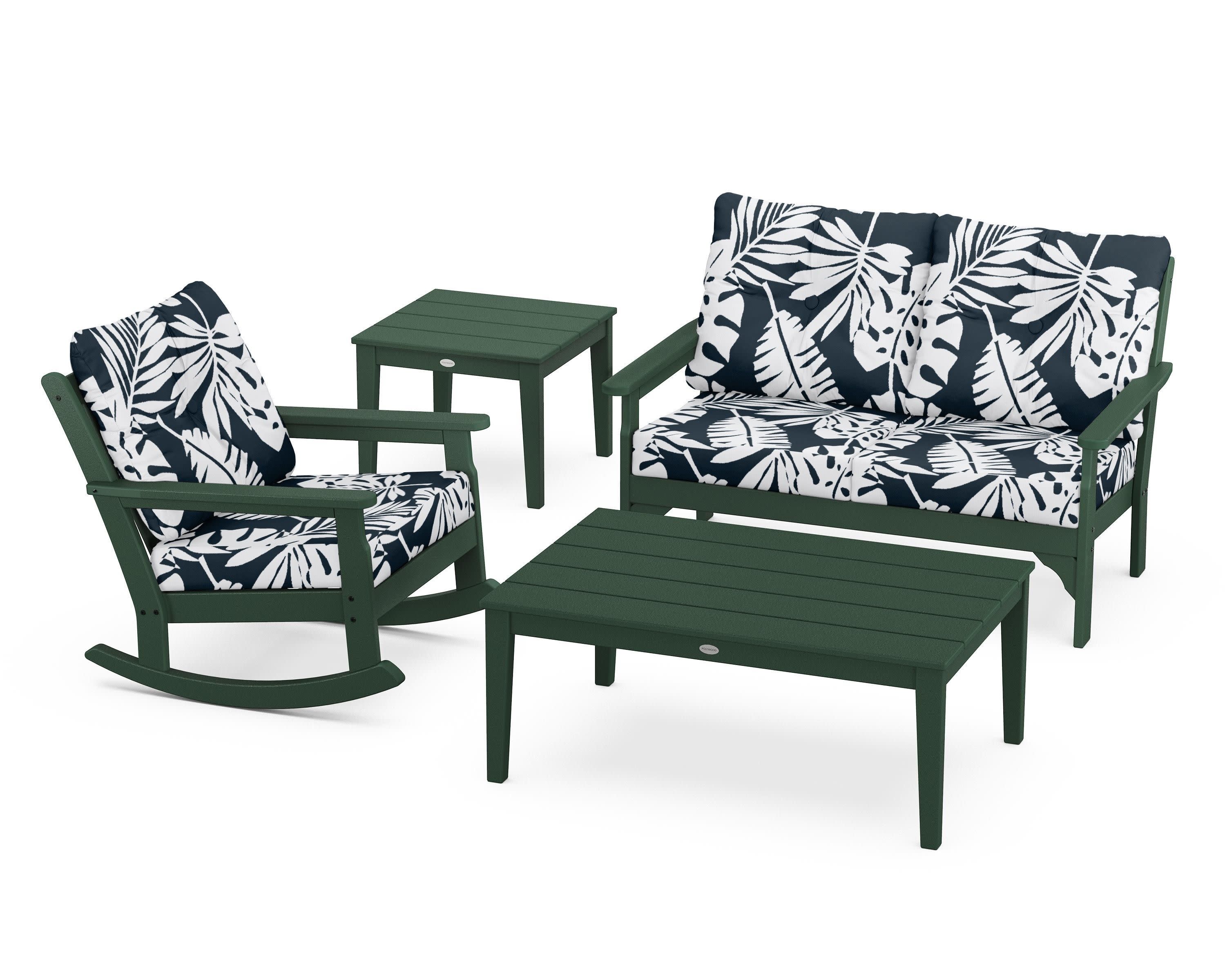 Vineyard 4-Piece Deep Seating Rocker Set in Green / Leaf Marine Indigo