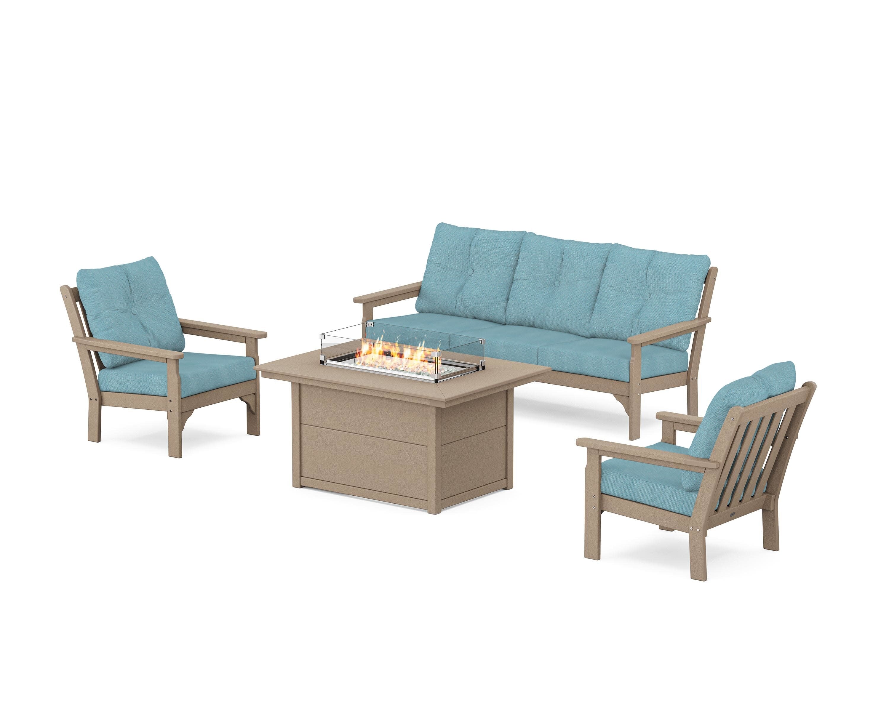 Vineyard Deep Seating Fire Pit Table Set in Vintage Sahara / Lattice Sky Blue
