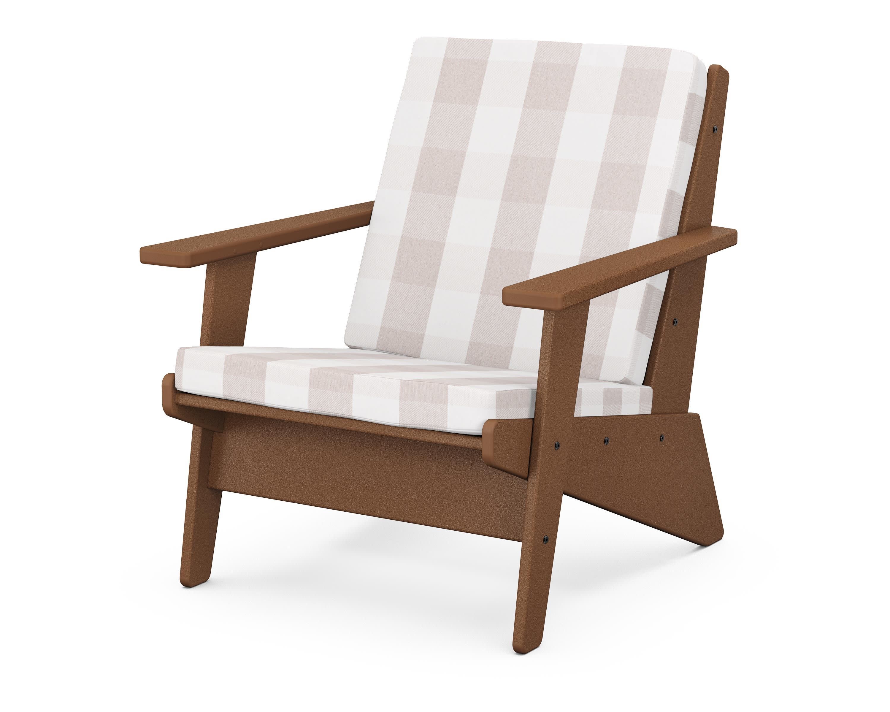 Riviera Modern Lounge Chair in Teak / Buffalo Plaid Dune Burlap