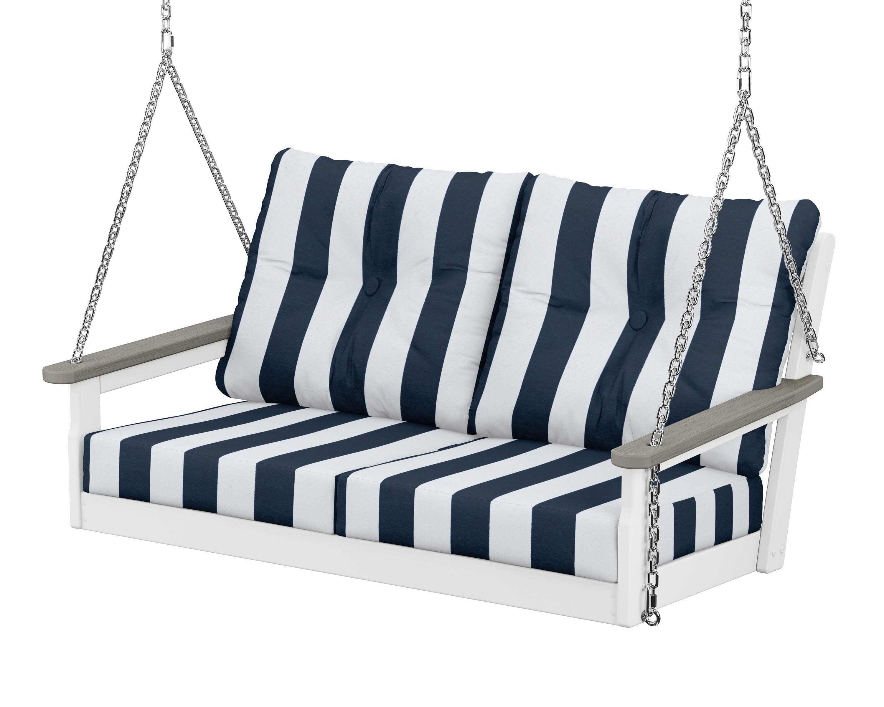 Vineyard Deep Seating Swing in White / Driftwood / Cabana Stripe Marine Indigo