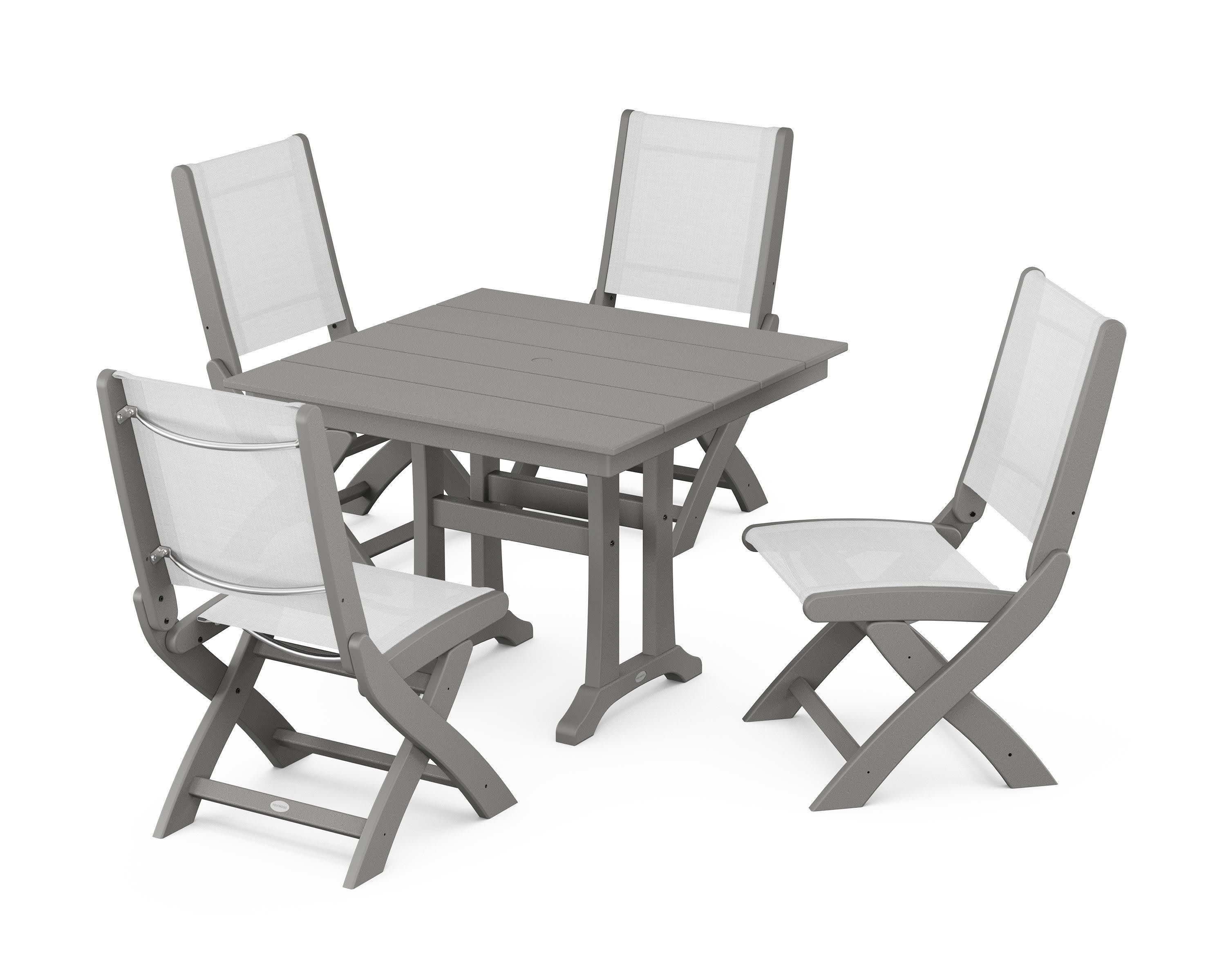 Coastal Folding Side Chair 5-Piece Farmhouse Dining Set With Trestle Legs in Slate Grey / White Sling