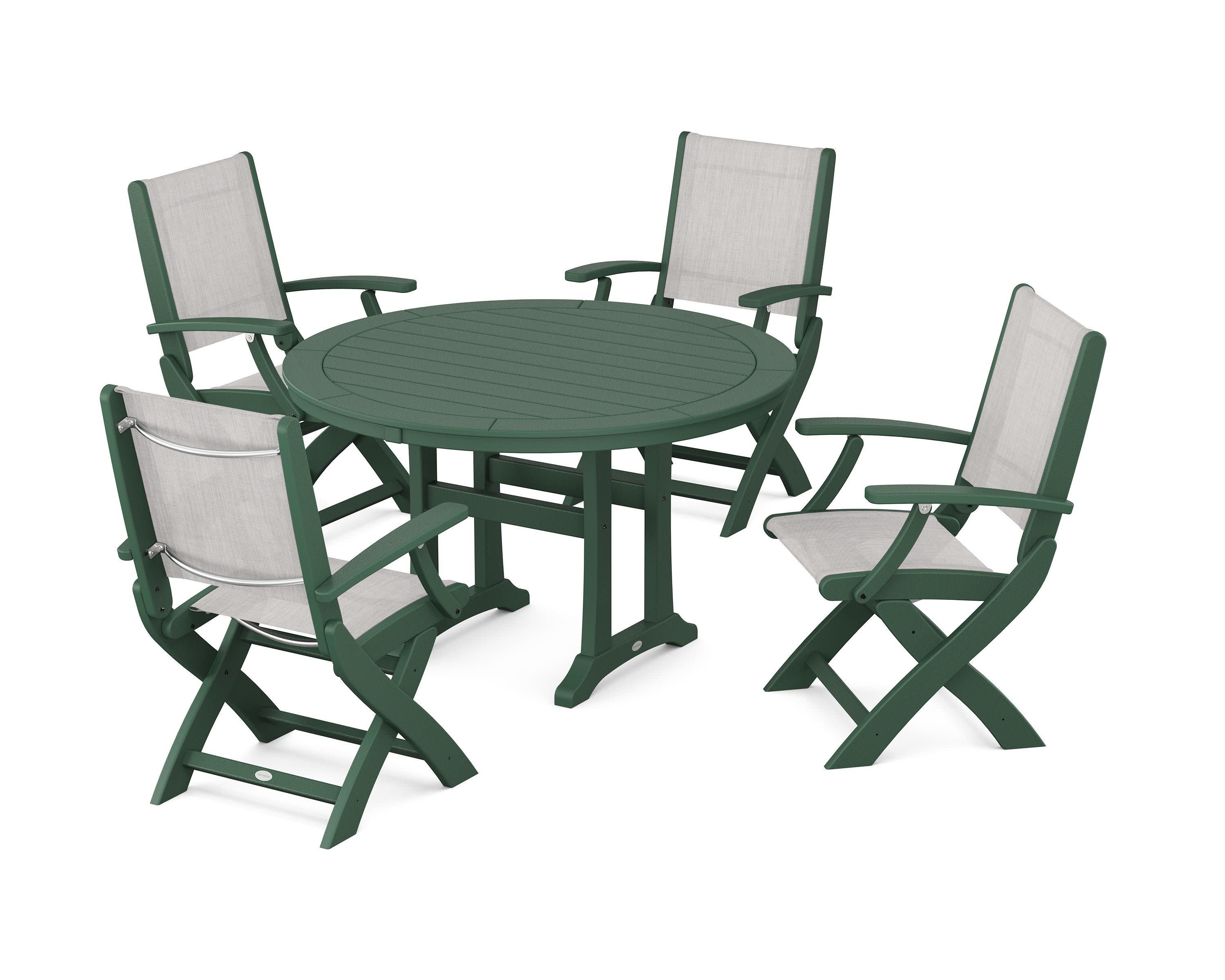 Coastal Folding Chair 5-Piece Round Dining Set with Trestle Legs in Green / Parchment Sling