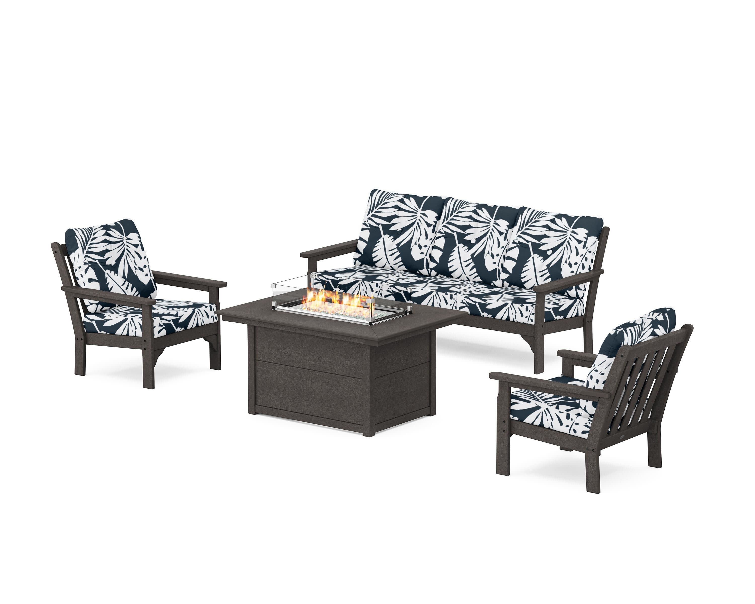 Vineyard Deep Seating Fire Pit Table Set in Vintage Coffee / Leaf Marine Indigo
