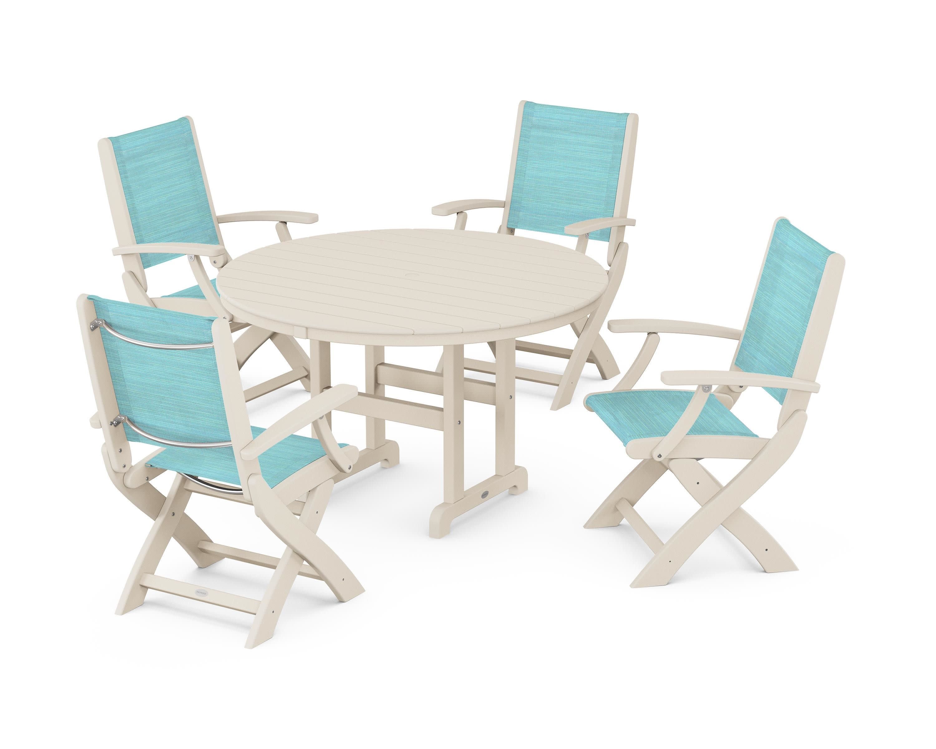 Coastal Folding Chair 5-Piece Round Dining Set in Sand / Dupioni Aquamarine Sling