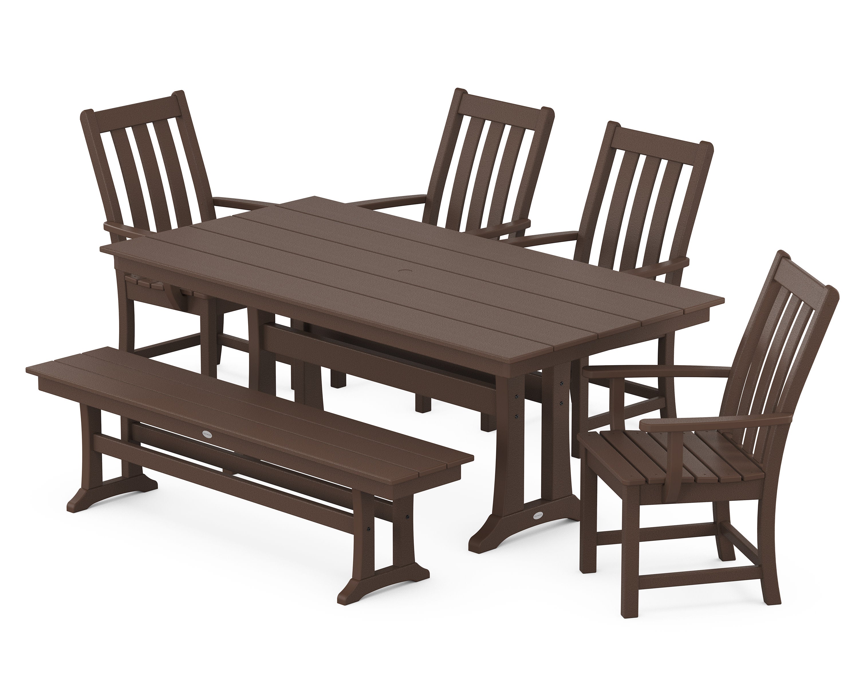 Vineyard 6-Piece Arm Chair Farmhouse Dining Set with Trestle Legs and Bench in Mahogany
